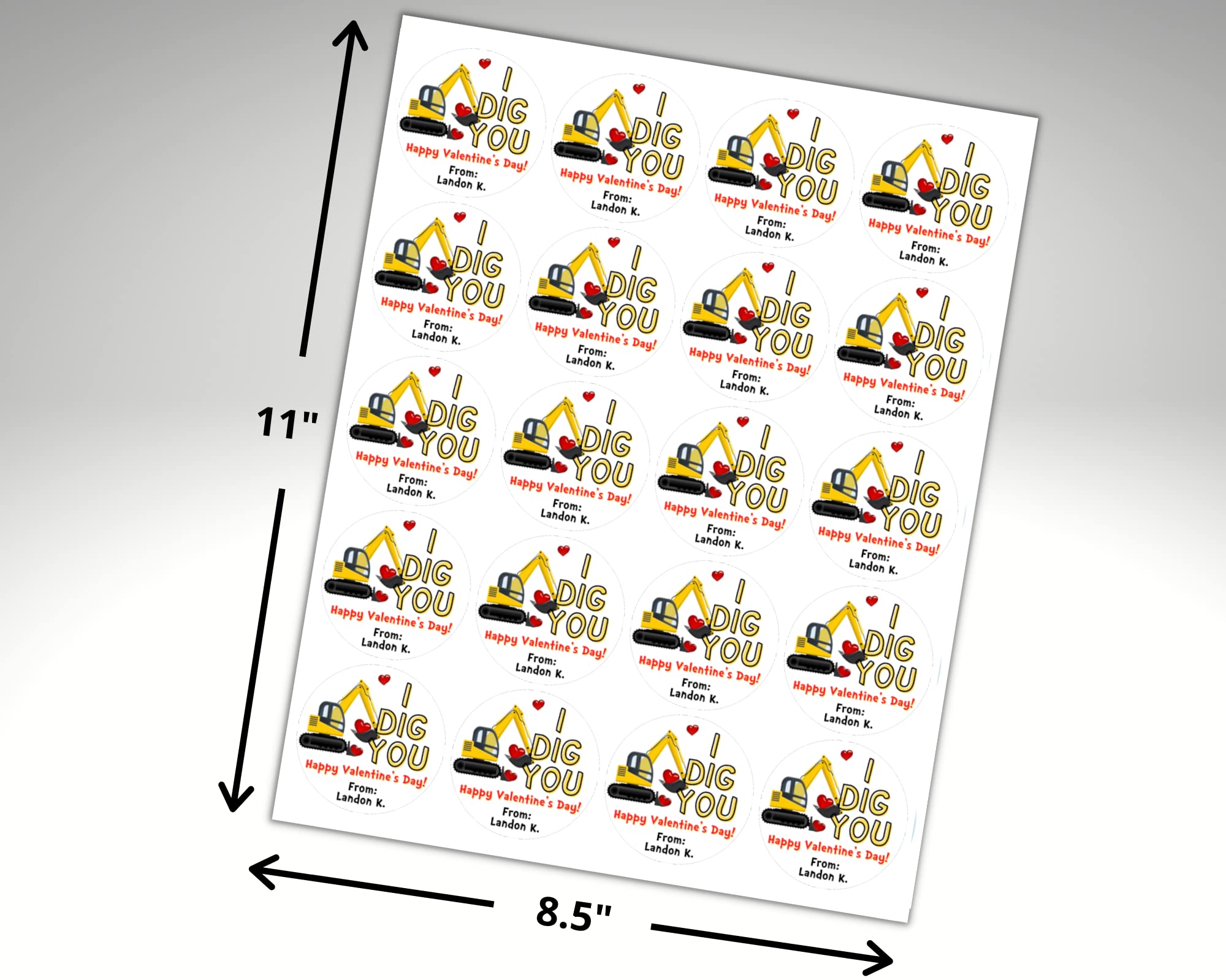 Custom Construction Digger Valentine's Day Stickers for Kids - 20-Pack 2 Inch Classroom Valentines Favors - Personalized Boy's Valentine Labels for School Parties & Gifts