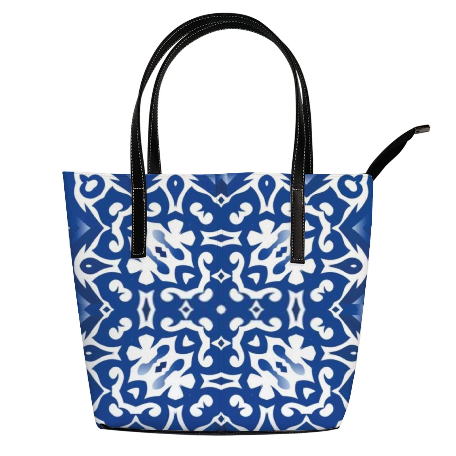 Vintage Navy Blue Oriental Print Leather Tote Bag for Women - Stylish Crossbody & Work Handbag with Zipper | Perfect for Office, Travel & Daily Use