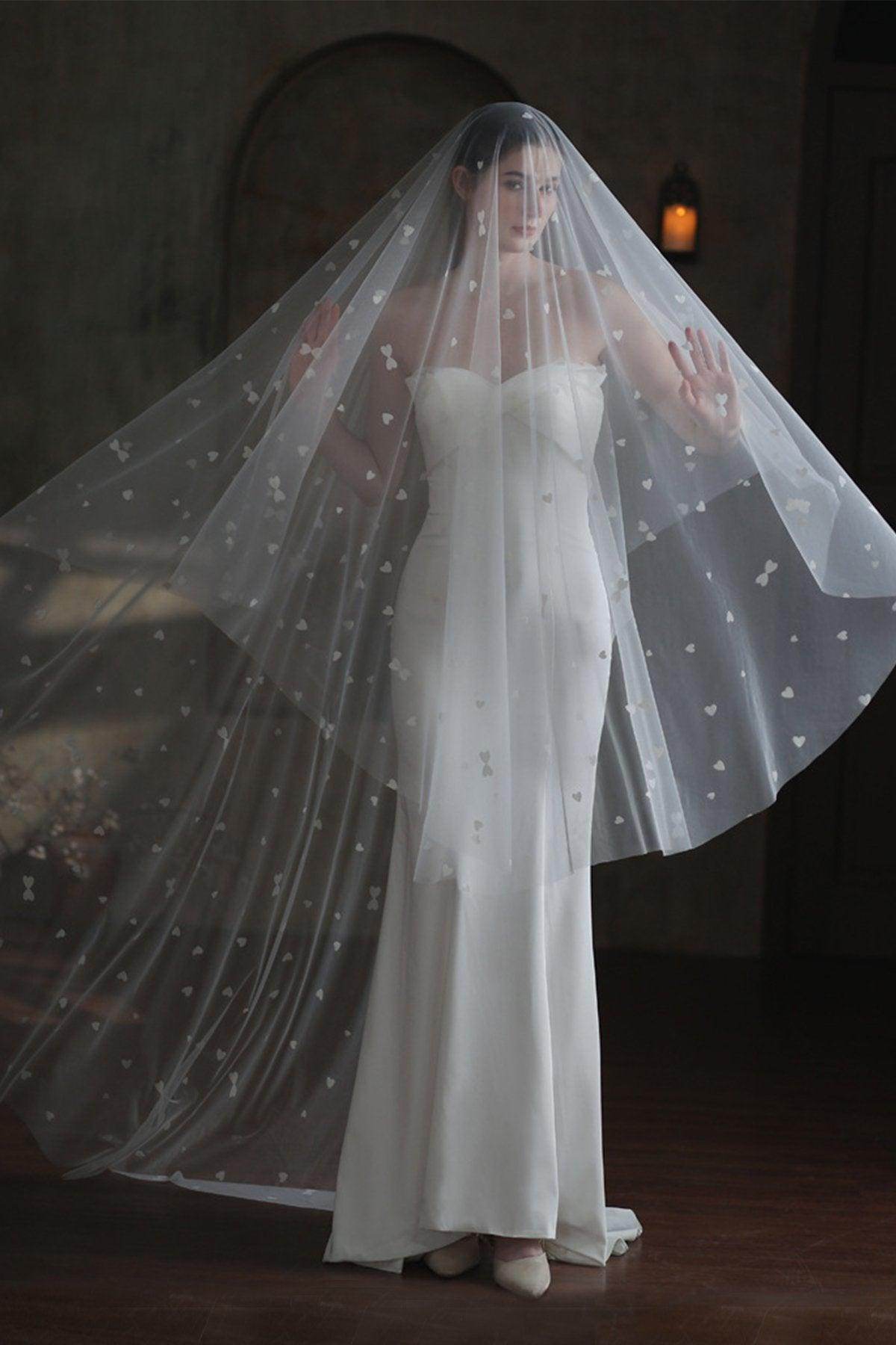 Elegant One-Tier Cut Edge Tulle Cathedral Wedding Veil with Appliques (CV0371) - Perfect for Bridal Ceremonies, Photos & Formal Events