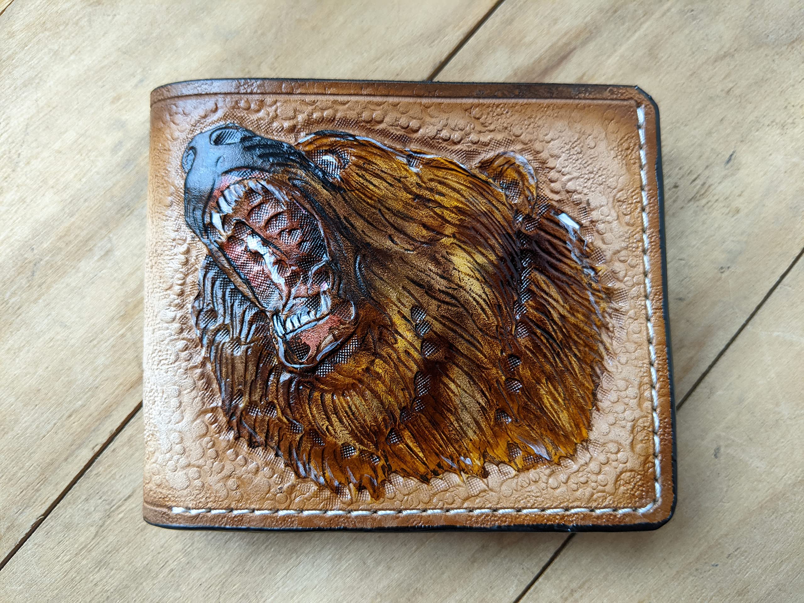 Grizzly Bear Hunting & Fishing 3D Genuine Leather Wallet for Men - Handmade Carved Bifold Wallet with Airbrush Art - Custom Personalized Tooled Leather Wallet for Outdoor Enthusiasts & Gift Giving