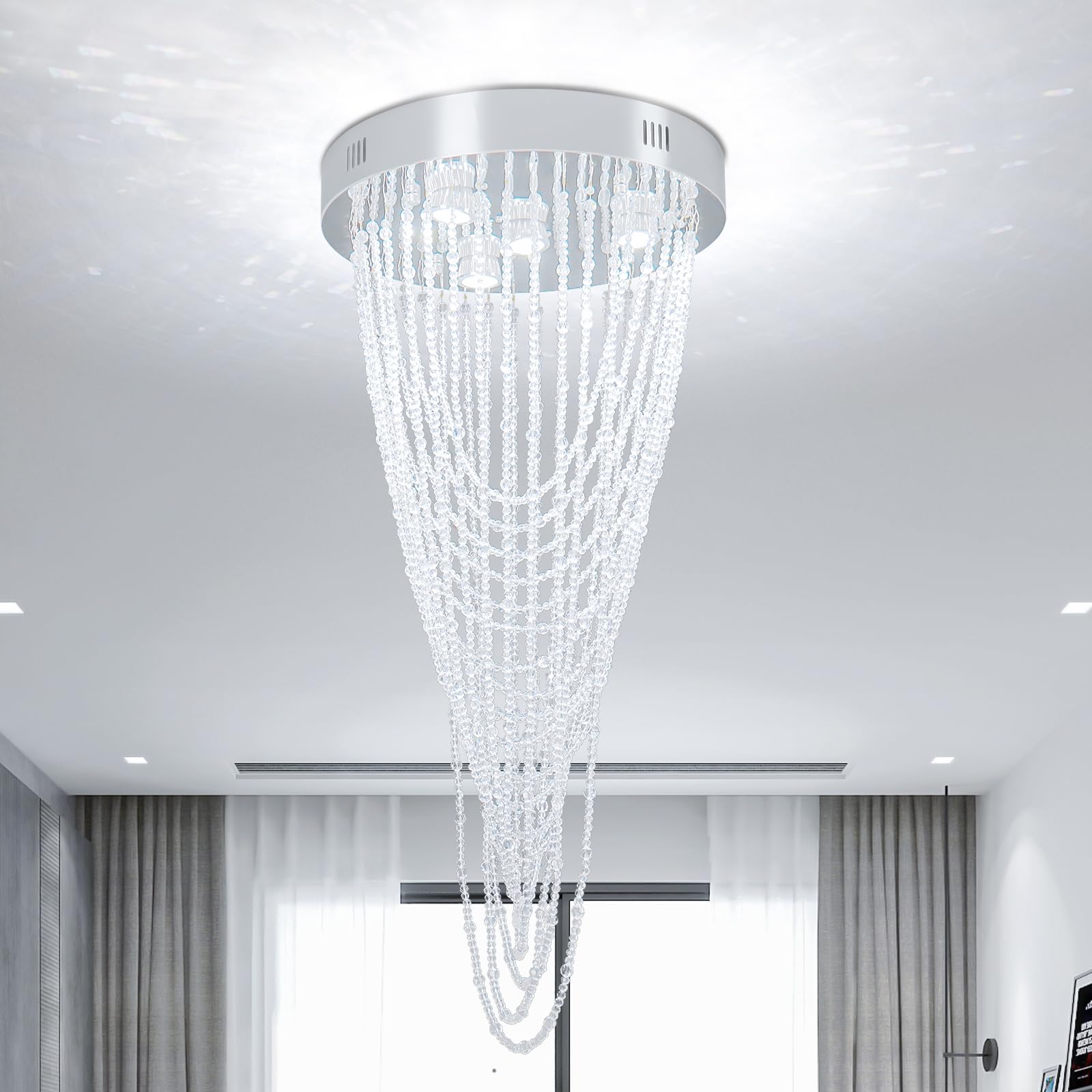 Modern Crystal Chandelier Flush Mount Ceiling Light - 4 GU10 LED Pendant Lighting Fixture for Dining Room, Bedroom & Living Room (15.7
