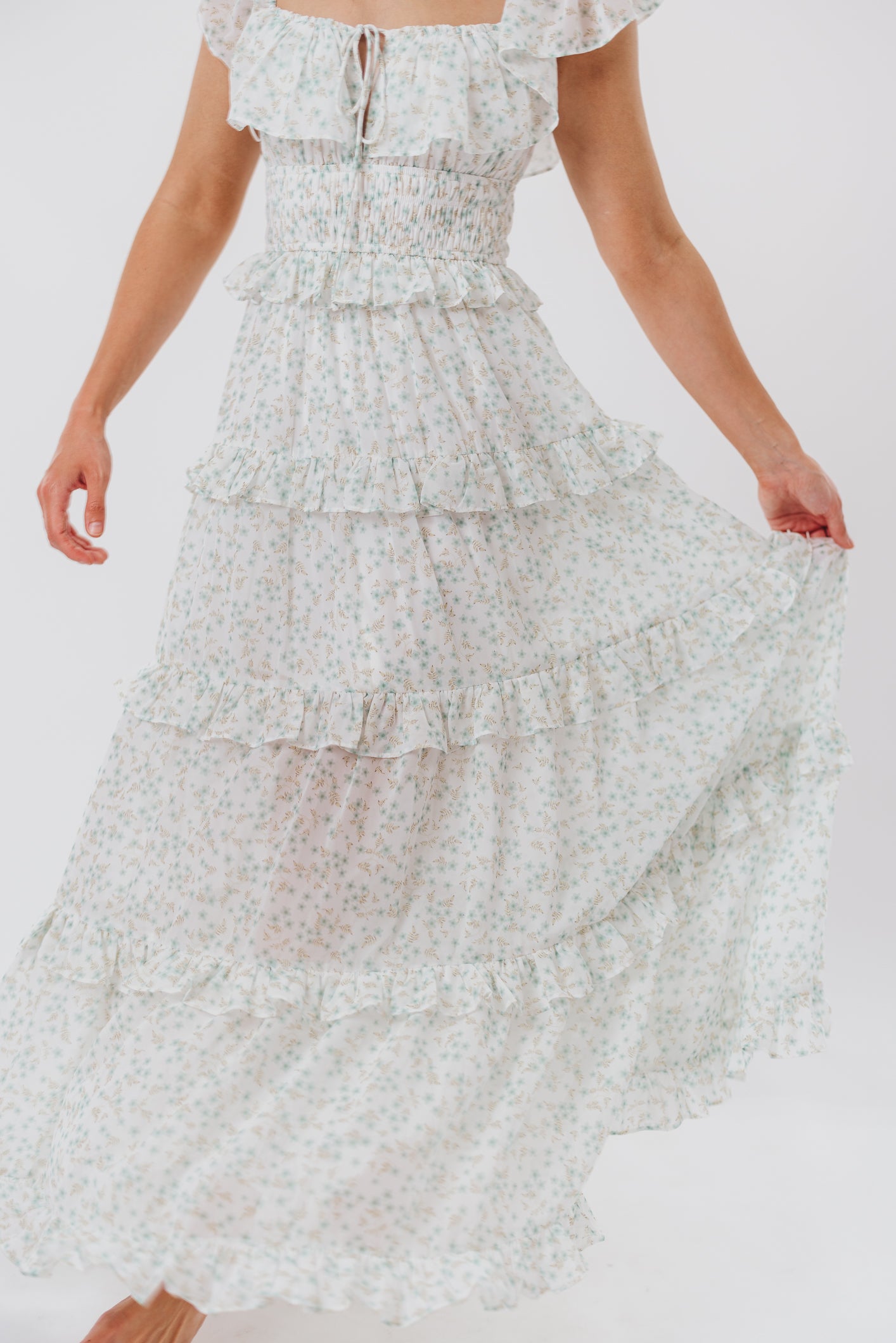 Astrid Ruffle Detail Maxi Dress in Sage Floral - Bump Friendly Maternity Dress for Pregnancy, Nursing & Special Occasions | Flowy Summer Dress for Beach, Wedding & Vacation