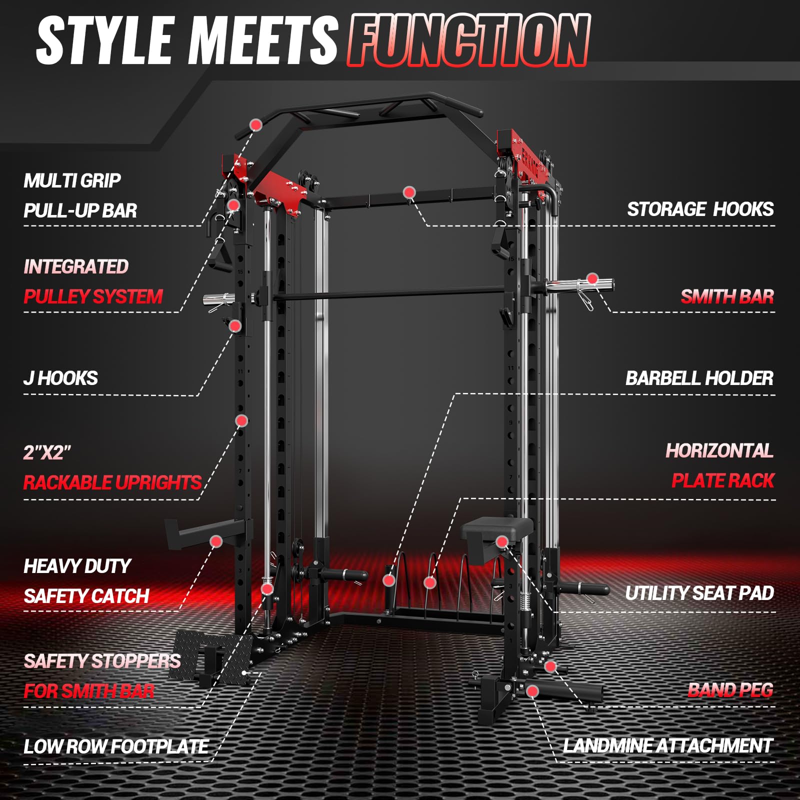 Smith Machine & Power Cage - 2000LBS Capacity Squat Rack with Cable Crossover, LAT Pulldown & Functional Trainer System | Multi-Function Home Gym Equipment for Strength Training & Weightlifting | Perfect for Home Workouts & Fitness Enthusiasts