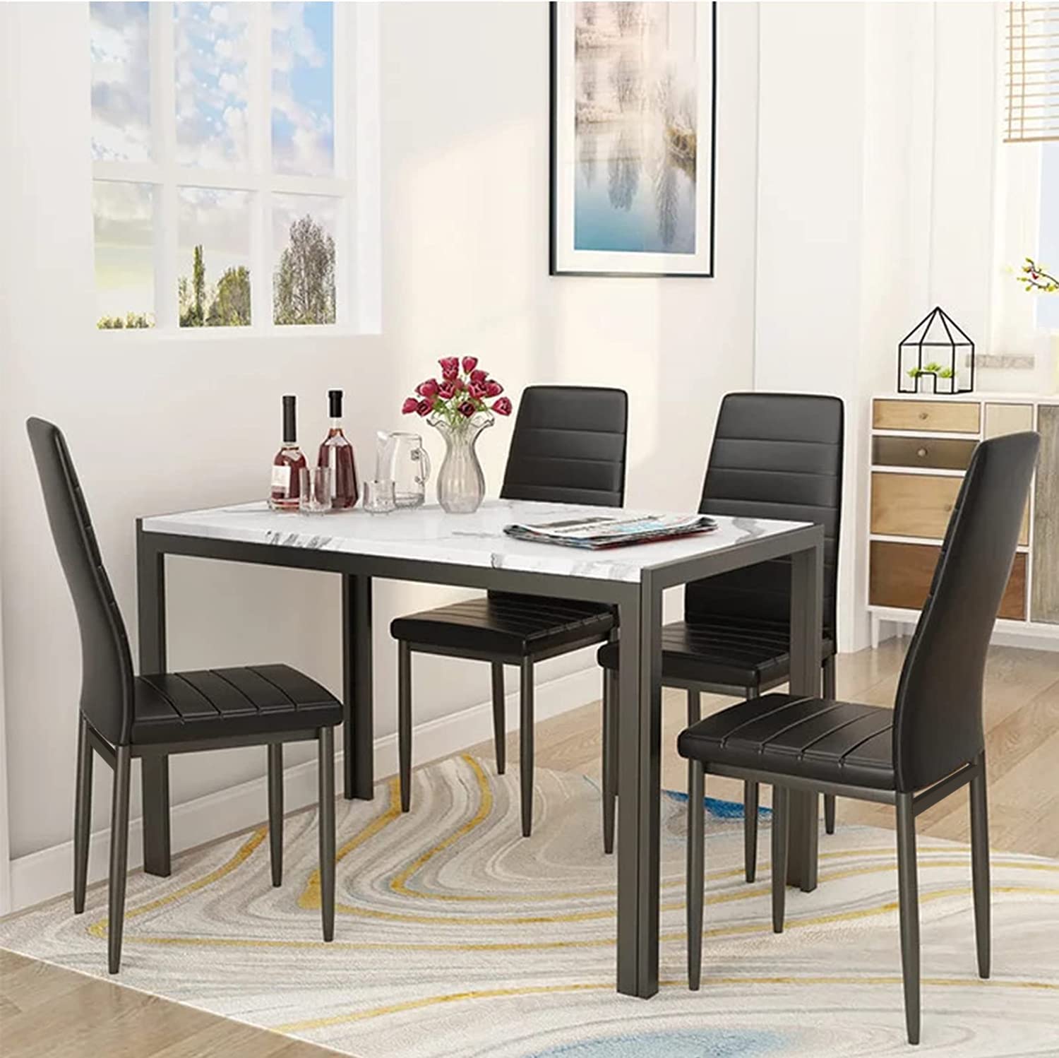 DKLGG 5-Piece Modern Dining Table Set for 4 - Faux Marble Kitchen Table with 4 Chairs, Space-Saving Home Furniture for Small Apartments | Perfect for Family Dinners, Entertaining Guests & Compact Living Spaces
