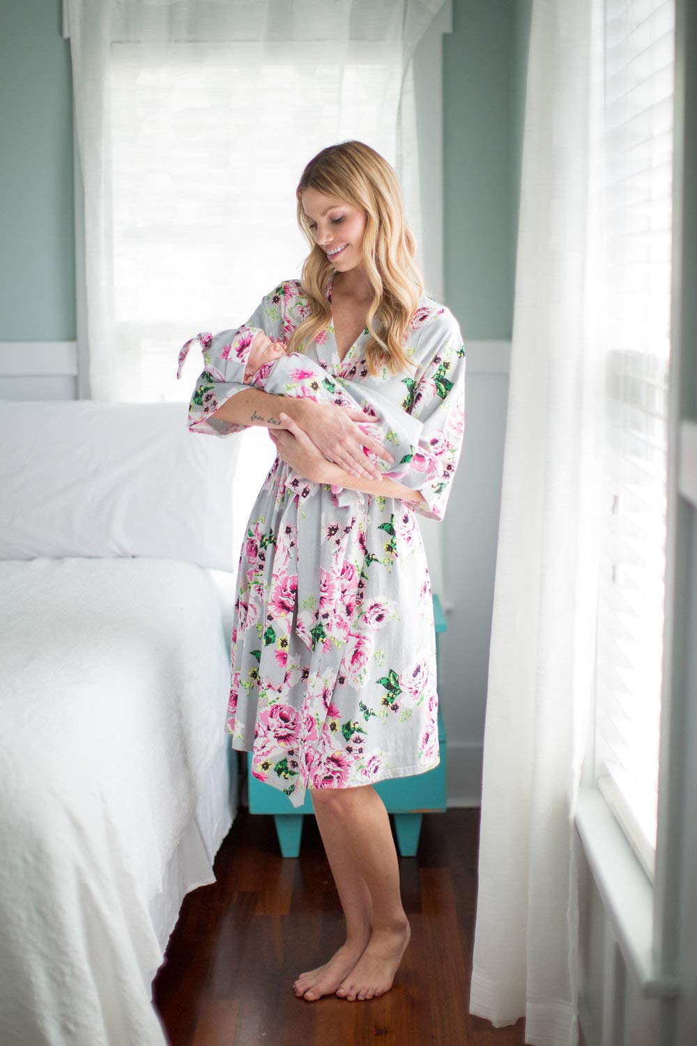 Baby Be Mine Maternity Nursing Robe & Swaddle Blanket Set with Daddy T-Shirt - Soft Delivery Gown for New Moms & Newborn Baby Girl (Small/Medium Robe, 3XL Tshirt, Olivia Floral) - Perfect for Hospital Birth, Breastfeeding & Family Photo Shoots