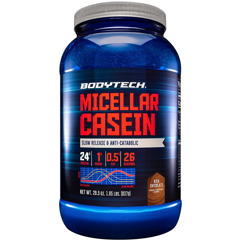 BodyTech Micellar Casein Protein Powder for Overnight Muscle Recovery - Slow Digesting 24g Protein per Serving - Rich Chocolate Flavor (2lb) - Ideal for Post-Workout & Bedtime Muscle Growth