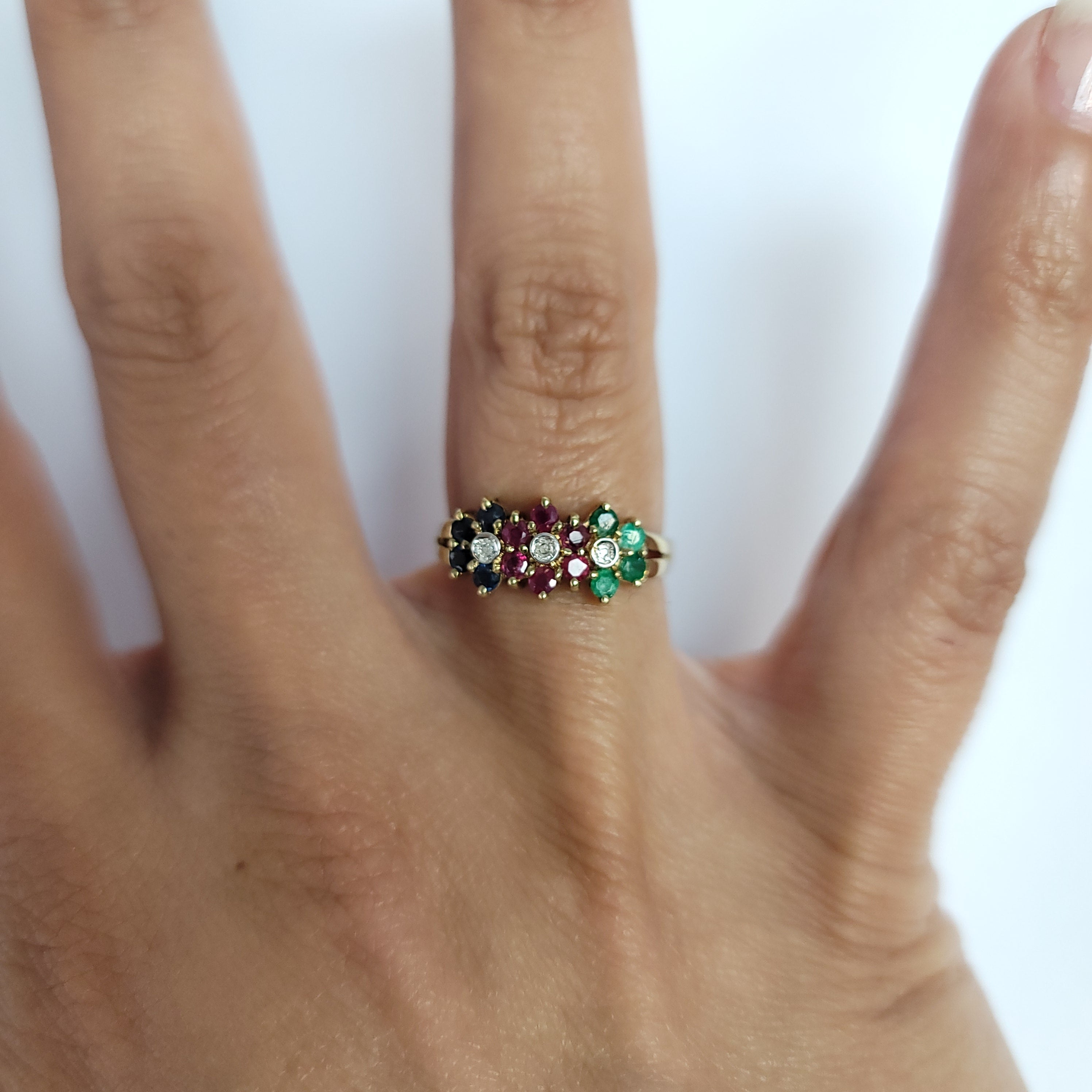 14K Yellow Gold Flower Shaped Ring with Ruby, Sapphire & Emerald Gemstones - Elegant Jewelry for Women, Perfect Gift for Anniversary, Birthday & Special Occasions