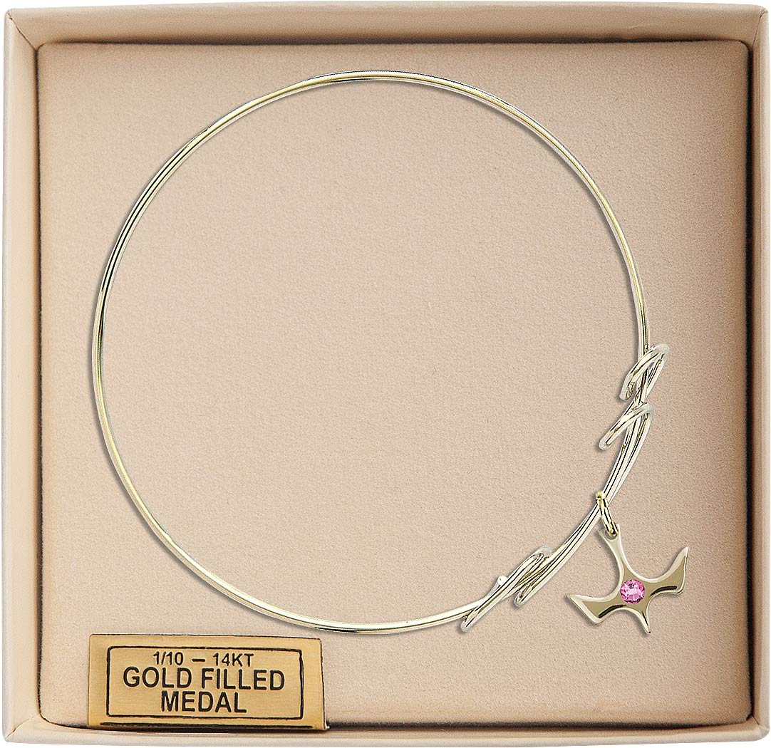 8 Inch Round Double Loop Bangle Bracelet with Holy Spirit Medal Charm & Rose Crystal - Elegant Religious Jewelry for Women, Perfect for Church, Weddings, and Special Occasions