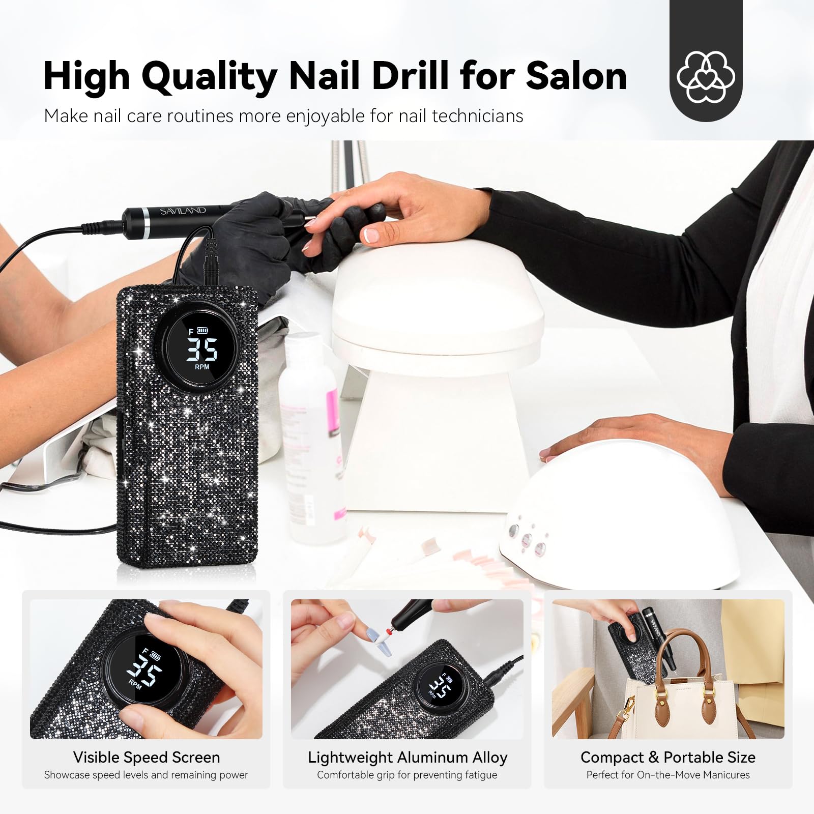 SAVILAND Professional Nail Drill Machine 40000RPM - Portable Electric Nail File for Acrylic Nails Removal, Manicure & Pedicure | Long Battery Life, Fast & Precise | Perfect for Home Nail Salon & DIY Nail Art