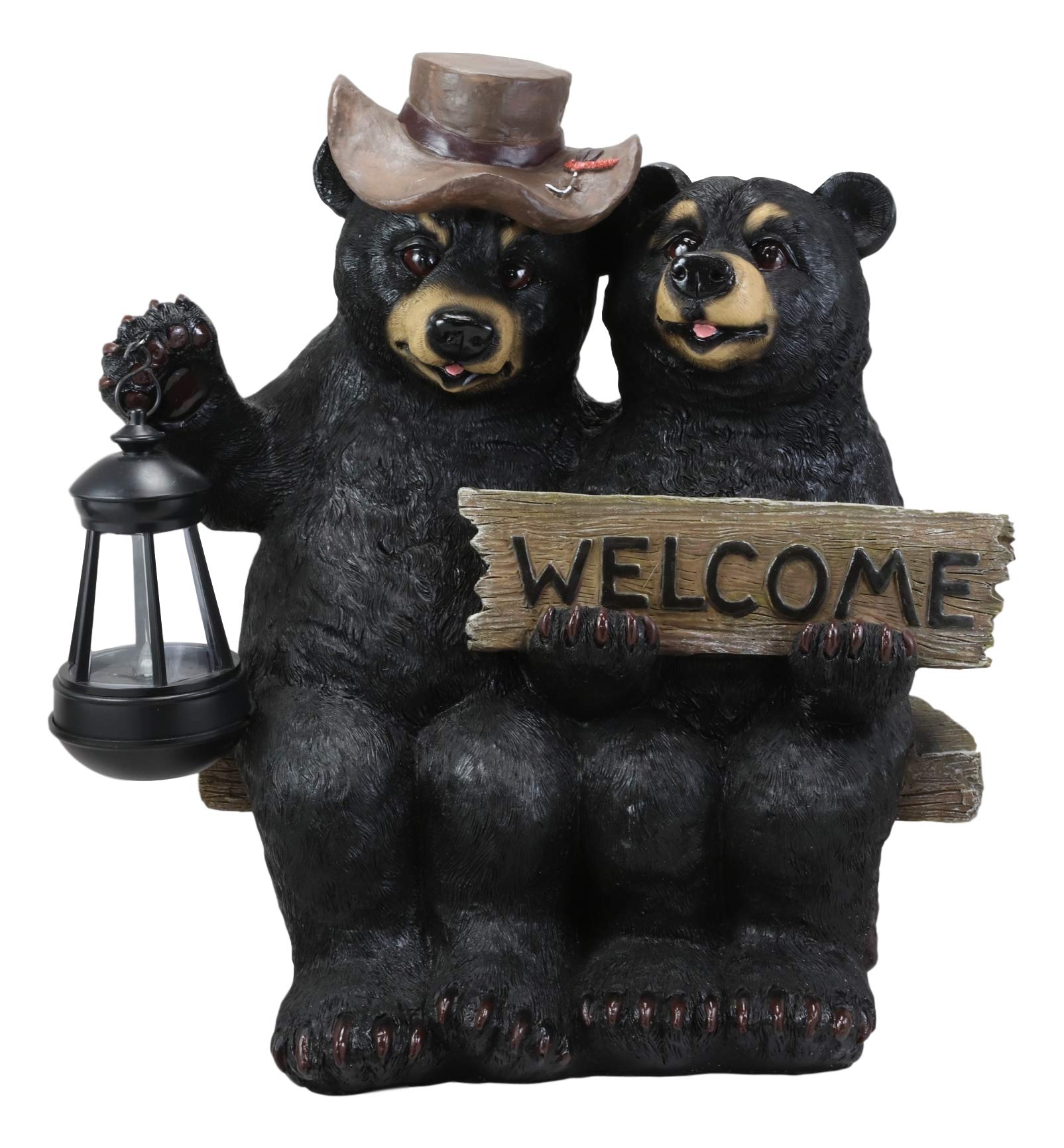 Ebros Rustic Forest Black Bear Couple Statue with Solar LED Lantern - Valentine's Garden Decor for Pathways, Parks & Outdoor Spaces