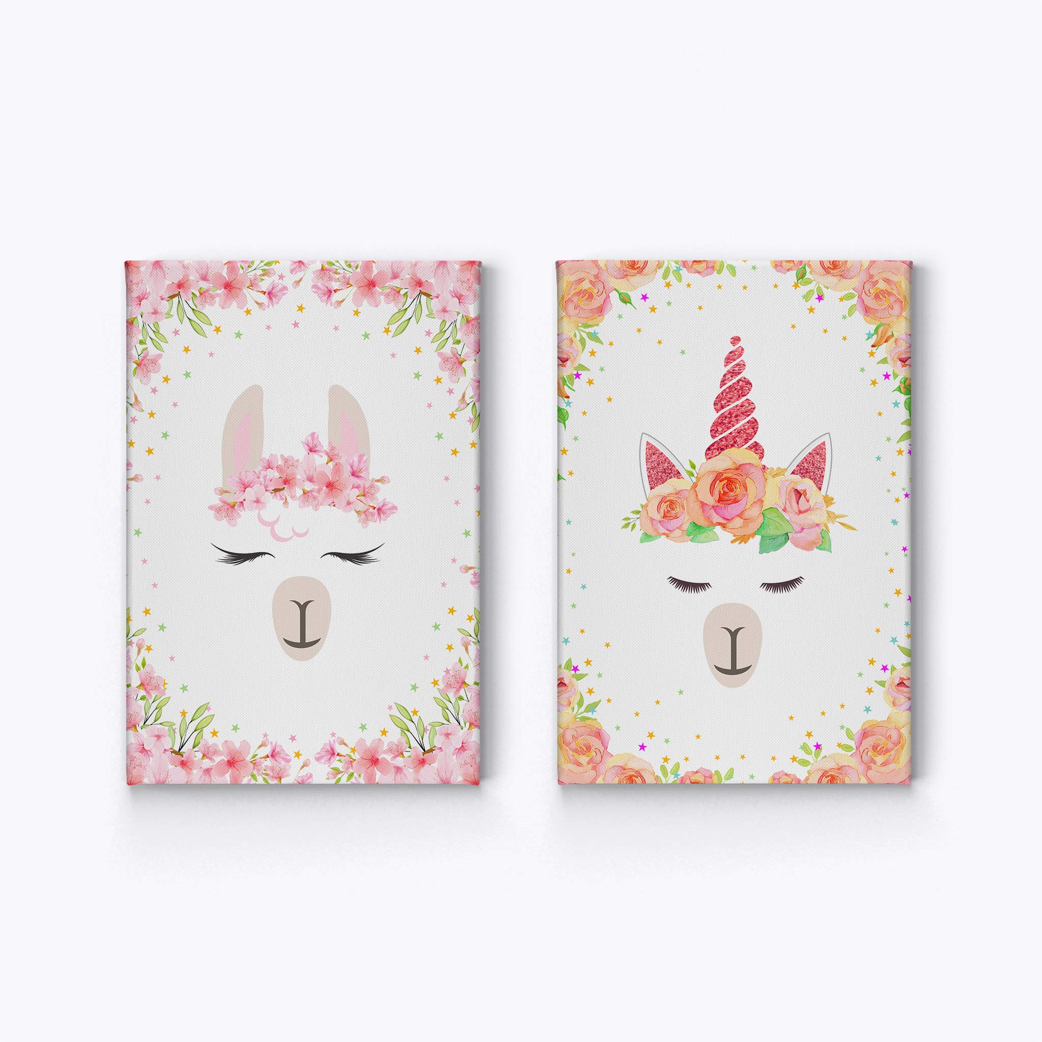 Cute Llama and Unicorn Wall Art - 2 Panel Canvas Print Set (40x30 inches) Floral Nursery Decor, Kids Room Decor, Baby Room Wall Art - Made in USA | Perfect for Nursery, Bedroom, Playroom & Gift Giving