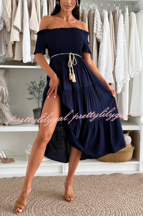 Elegant Solid Color Off-the-Shoulder Pleated Waist Midi Dress for Women - Perfect for Summer Parties, Beach Vacations & Date Nights