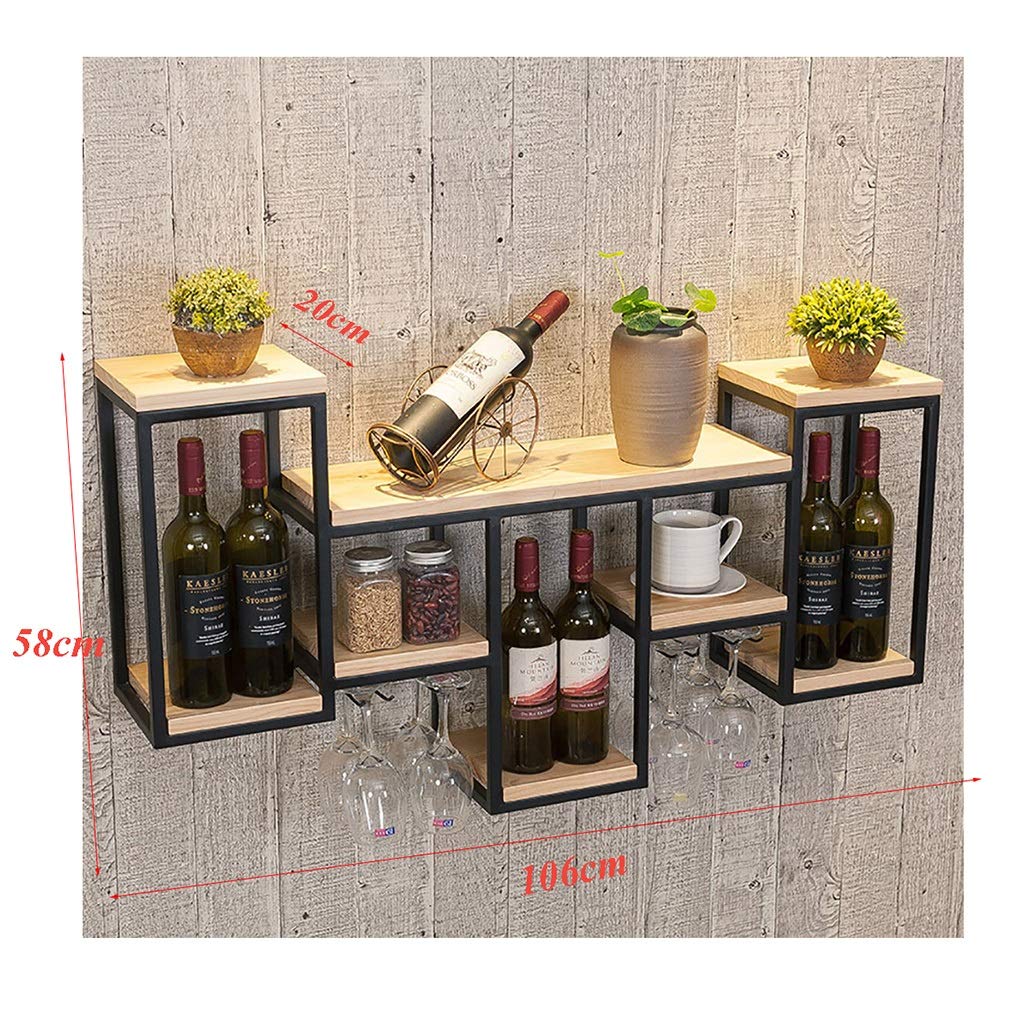 Solid Wood & Wrought Iron Wall-Mounted Wine Rack with Upside Down Glass Display - Rustic Home Bar Decor for Kitchen, Dining Room or Wine Cellar Organization