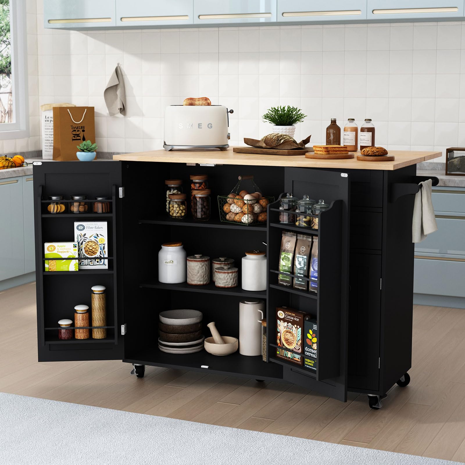 HLR Kitchen Island with Storage - Rolling Mobile Kitchen Cart with Drop-Leaf Bar Countertop, Spice Rack & Tower Shelves - Extra Storage Solution for Small Kitchens, Apartments & Dining Areas - Perfect for Meal Prep, Entertaining & Space Organization