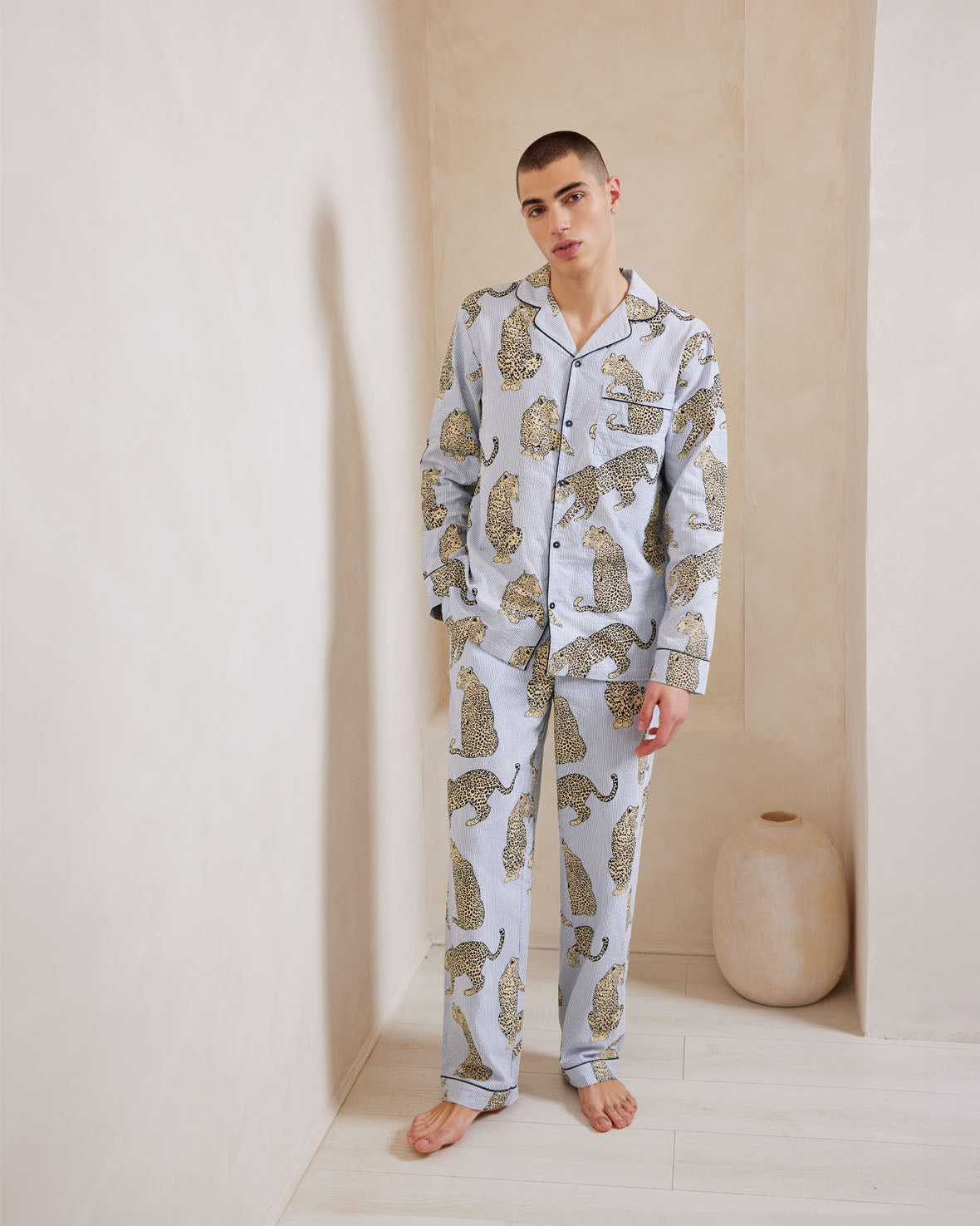 Seersucker Cotton Leopard Stripe Print Long Pajama Set for Women - Soft & Breathable Sleepwear for Summer Nights, Loungewear, and Vacation Comfort