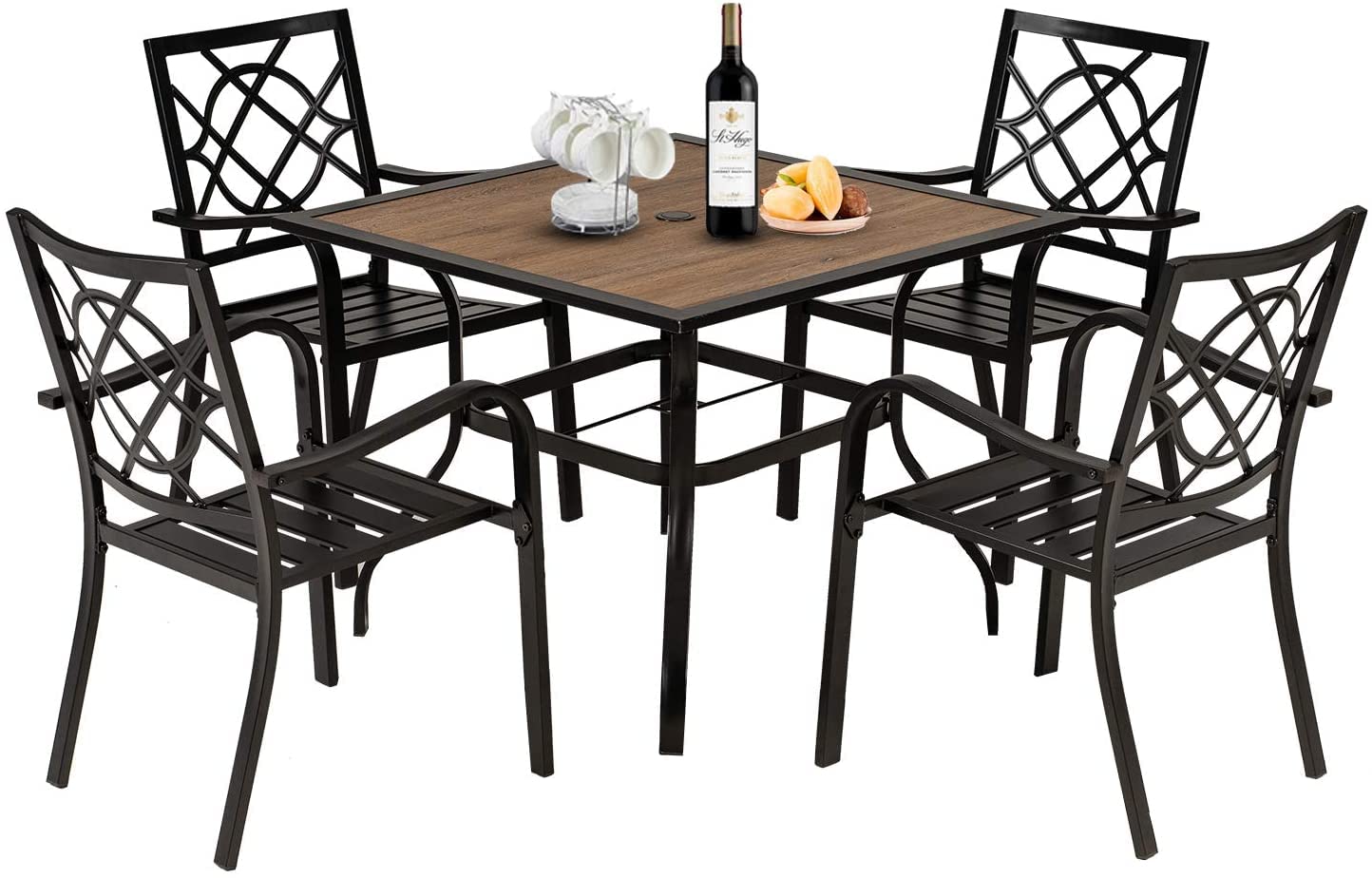 Premium 5-Piece Outdoor Dining Set - Wrought Iron Patio Furniture with Wood Tabletop (4 Chairs + 1 Square Table with 1.57