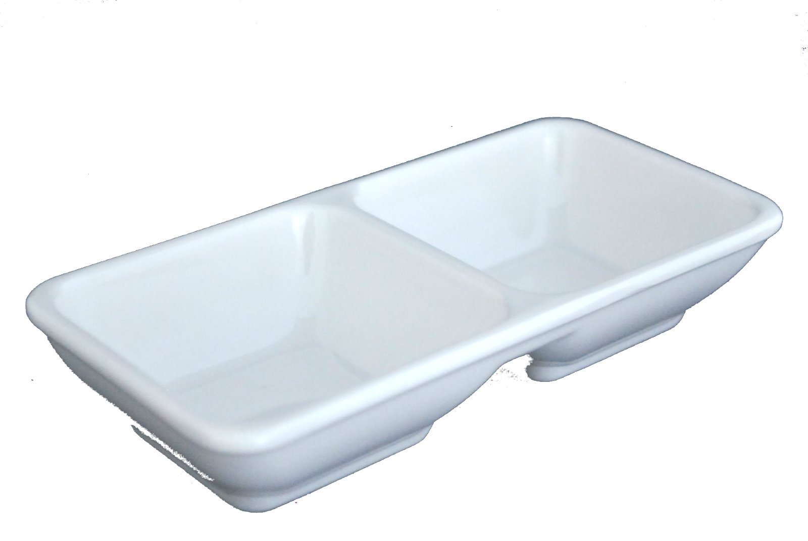 Melamine Rectangular Divided Plastic Dipping Plates - 2-Compartment Soy Sauce Dishes, White (144-Pack, 12 Dozen) - Perfect for Sushi Restaurants, Asian Cuisine & Party Serving Trays