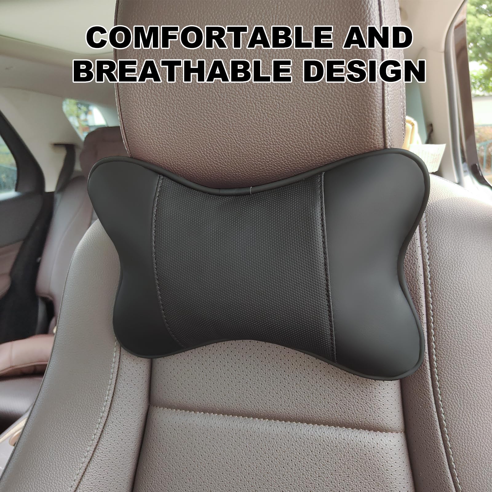2 Pack Car Neck Pillow - PU Leather Automotive Headrest Pillow for Neck Pain Relief - Universal Car Travel Pillow (Black) - Perfect for Long Road Trips & Commuting Comfort