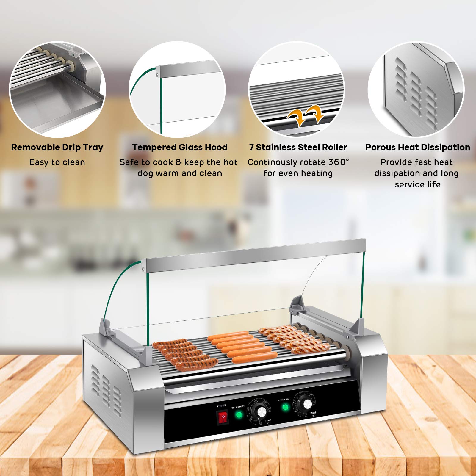 Commercial Electric Hot Dog Roller Machine - 18 Hot Dog Capacity with 7 Non-Stick Rollers, Removable Stainless Steel Drip Tray & Glass Hood Cover - Perfect for Restaurants, Carnivals, Food Trucks and Home BBQ Parties