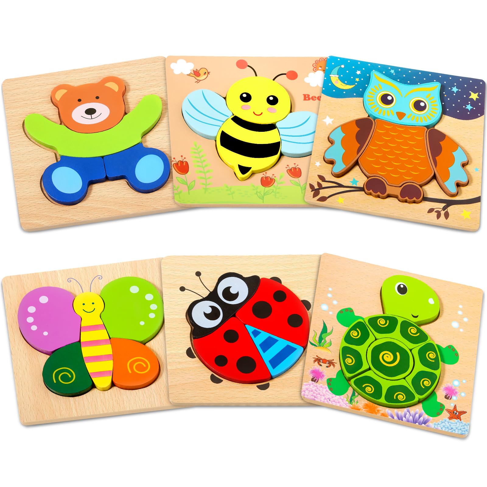 Montessori Wooden Animal Jigsaw Puzzles for Toddlers Age 1-4 Years Old - 6 Pack Educational Learning Toys for Boys & Girls - Preschool Activities, Autism Therapy, Birthday Gifts & Travel Entertainment