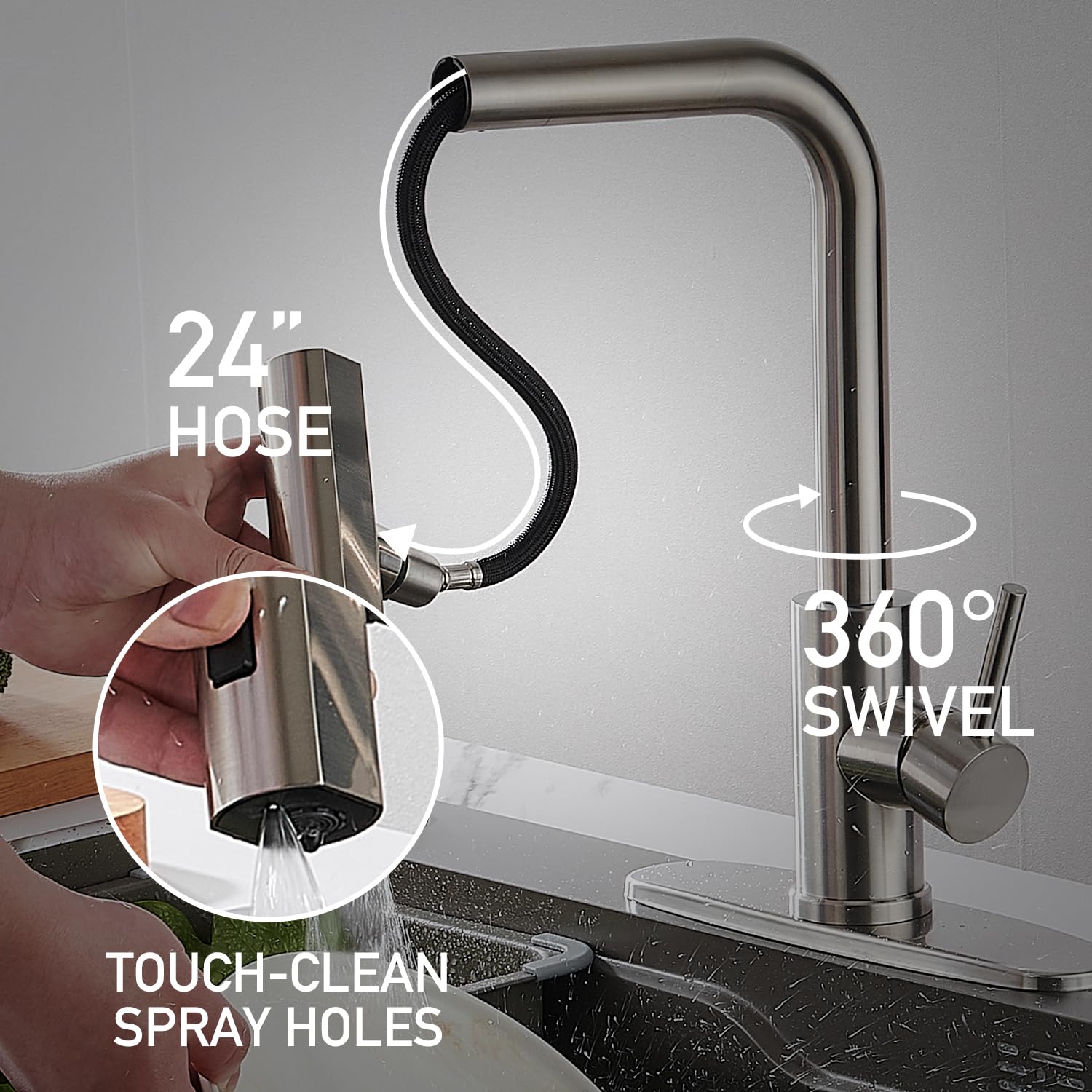 Brushed Nickel Pull Down Kitchen Faucet with Waterfall Sprayer & Soap Dispenser - Single Hole Stainless Steel Modern Single Handle Sink Faucet - Perfect for Home Kitchen, Restaurant, and Commercial Use