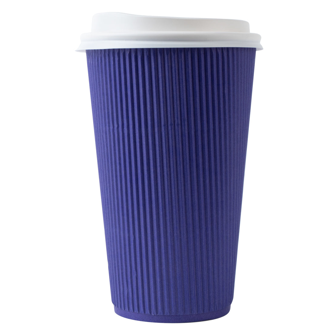16 oz Royal Purple Ripple Wall Coffee Cups with White Lids - 20 Count Bulk Pack (3.5