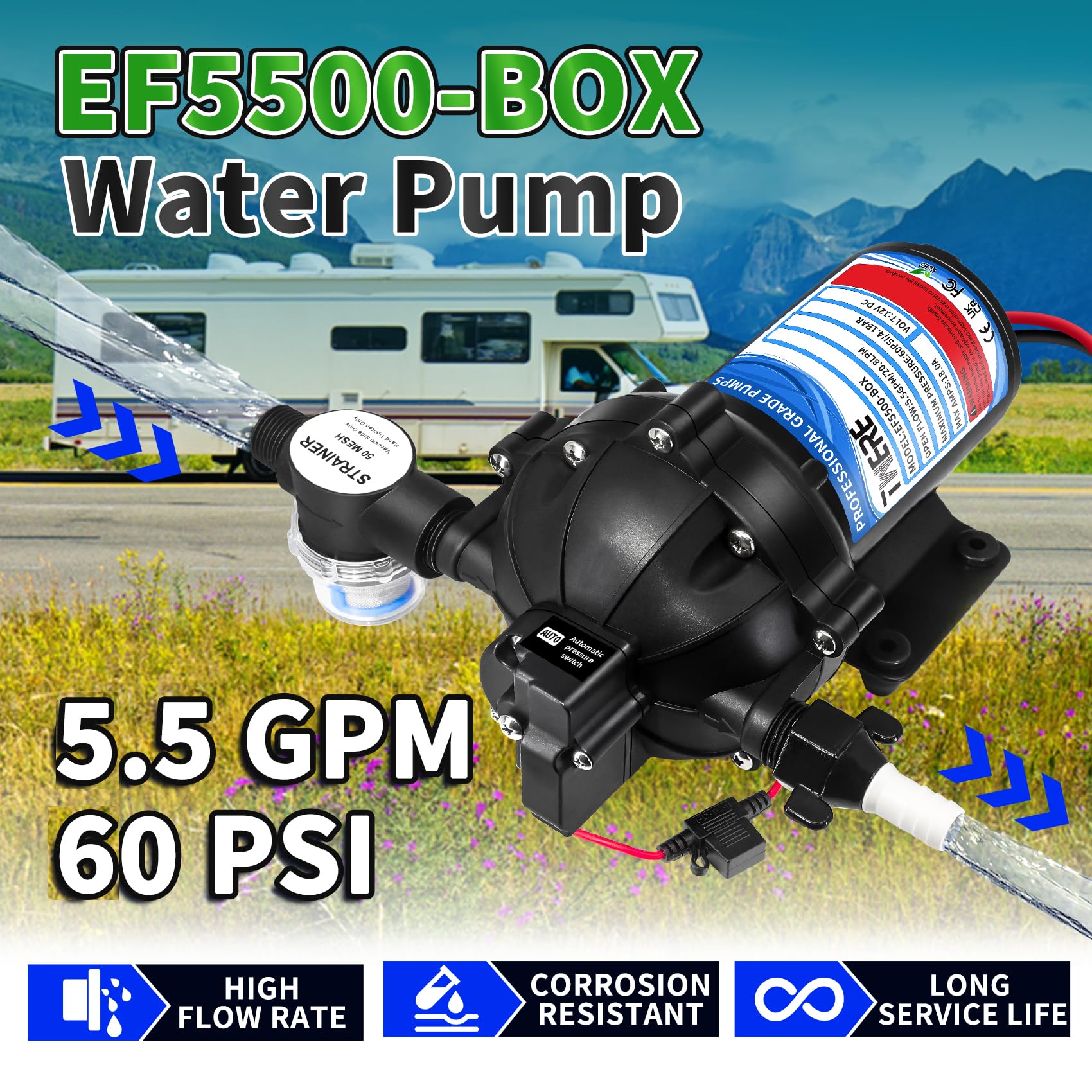 EF5500-BOX 12V Diaphragm Water Pump, 5.5GPM 60PSI Self-Priming Pump with 1/2