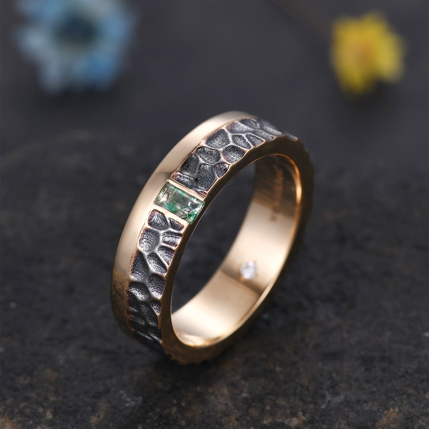 Moss Agate & Diamond Men's Hammered Rose Gold Wedding Band - 5mm Wide Comfort Fit Ring for Engagement, Anniversary & Special Occasions