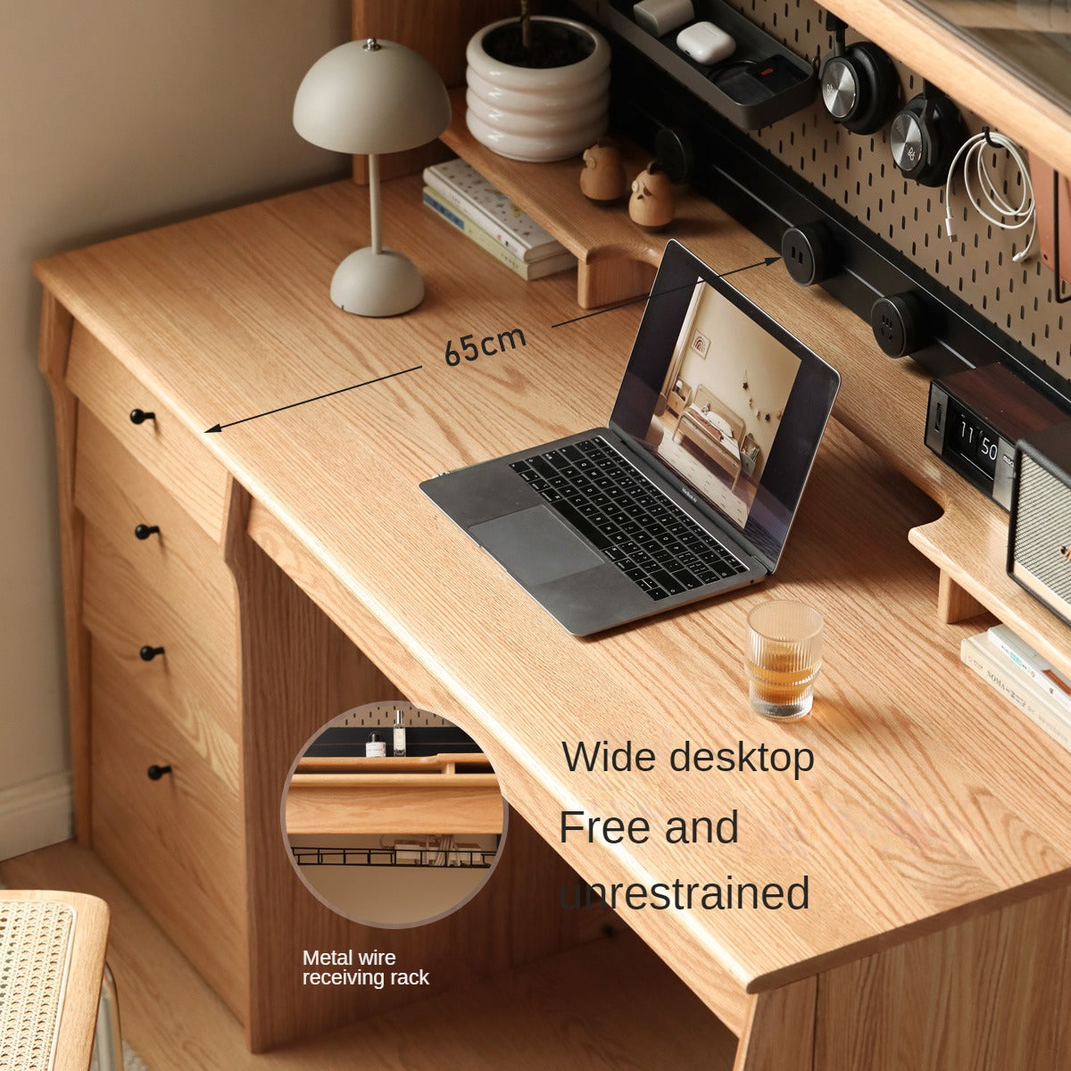 Solid Oak & Cherry Wood Desk Bookshelf with Warm LED Lighting - Perfect for Home Office, Study Room, and Library Organization
