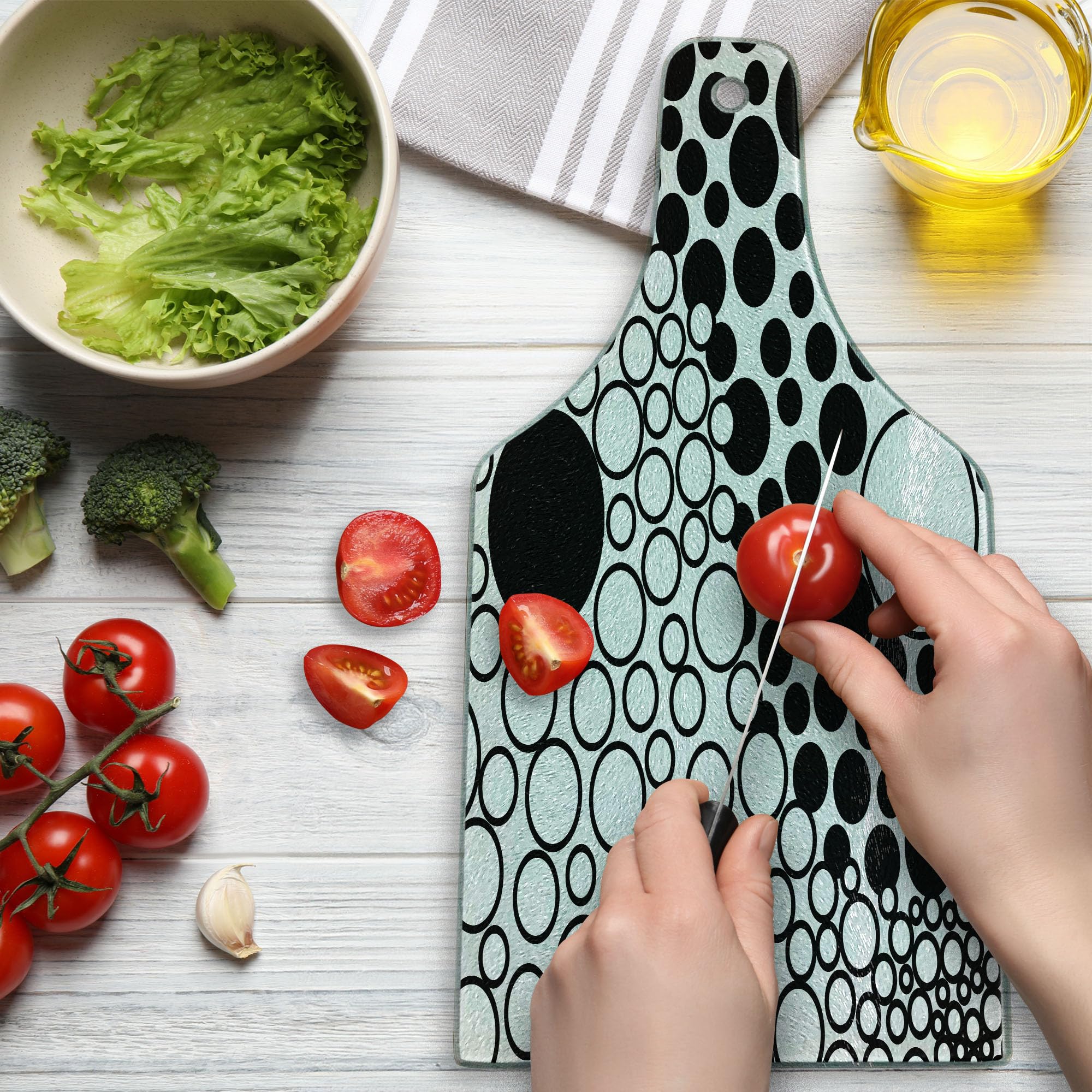 Ambesonne Yin Yang Cutting Board - Black & White Abstract Design with Retro Dots - Tempered Glass Serving Board for Kitchen & Dining - Perfect for Charcuterie, Cheese Display & Wine Bottle Serving
