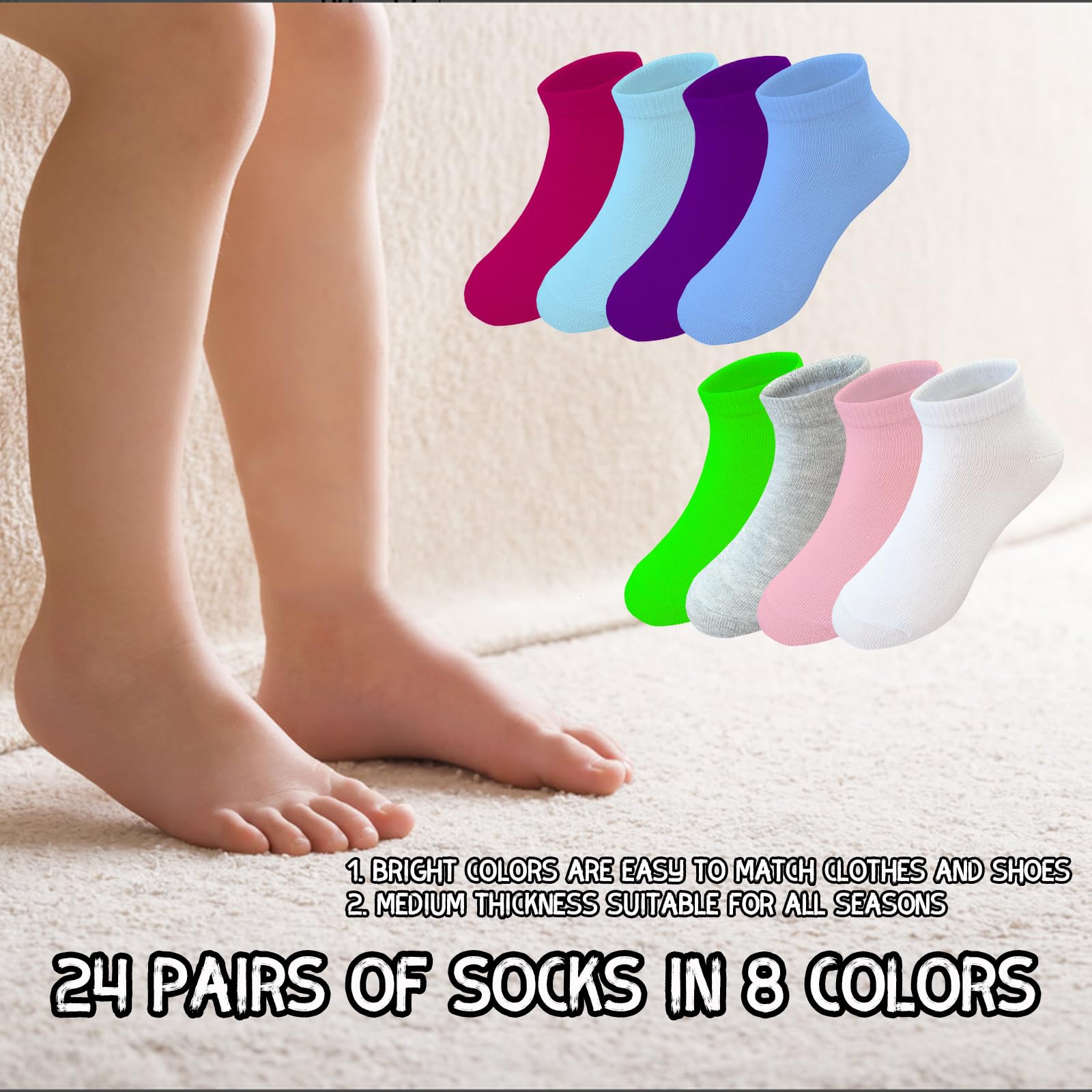 24 Pairs Girls Ankle Socks - Breathable Athletic Running Low Cut Sports Socks for Kids & Teens - Perfect for School, Gym, Soccer & Daily Wear