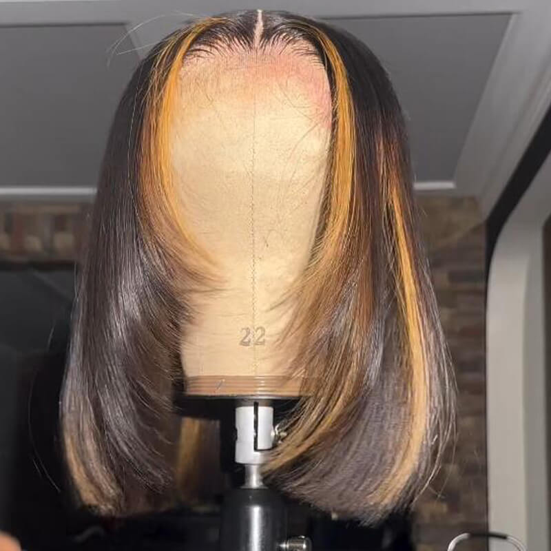 Eullair Layered Cut Short Glueless Human Hair Bob Wig - Brown Highlight Pre Cut 4x4 5x5 Straight Skunk Stripe | Perfect for Cosplay, Daily Wear & Fashion Styling