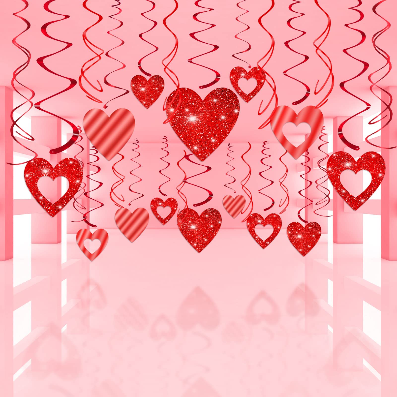 40-Pack Valentine's Day Glitter Heart Swirl Decorations - Hanging Ceiling Streamers for Wedding, Anniversary, Birthday & Bridal Shower Party Supplies - Romantic Home & Event Decor