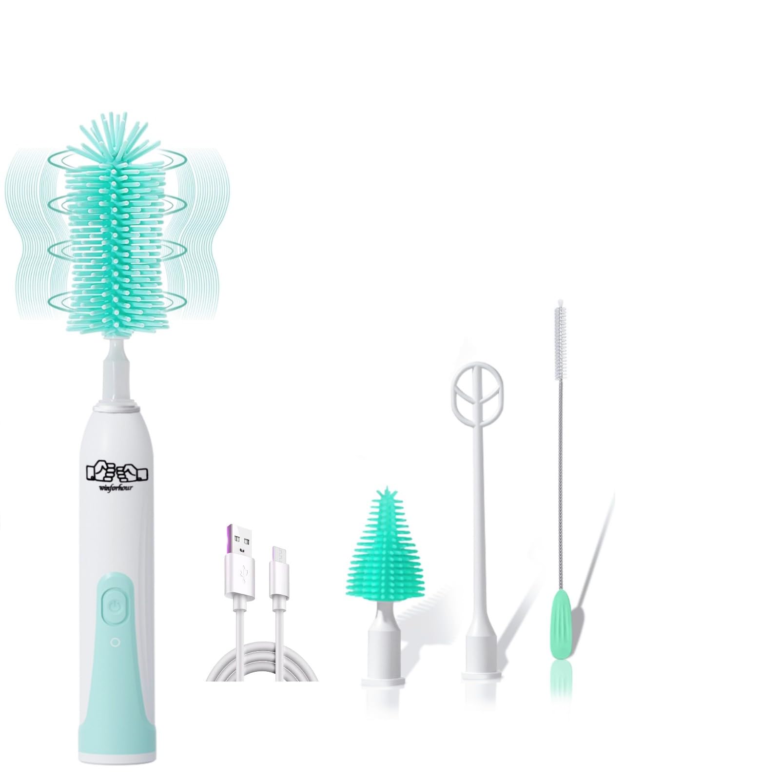 Rechargeable Electric Bottle Brush Set - Automatic Cleaning Brush with Spinning Head for Baby Bottles, Dishes, Mixers & Toilets | Multi-Purpose Scrub Brush Kit for Kitchen & Bathroom Cleaning | Eco-Friendly Green Design