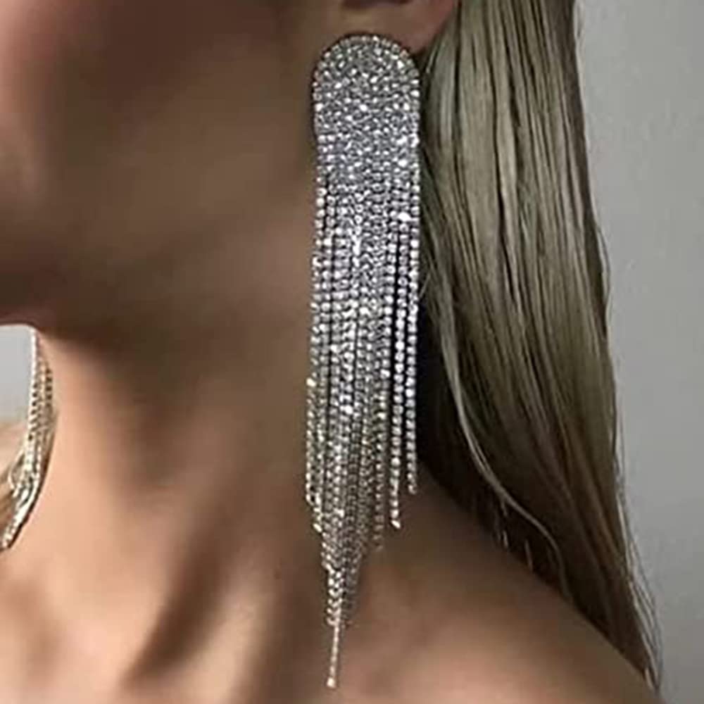 Jumwrit Rhinestone Tassel Earrings for Women - Bohemian Fringe Chandelier Drop Earrings with Long Crystal Dangles | Perfect for Parties, Weddings & Evening Events