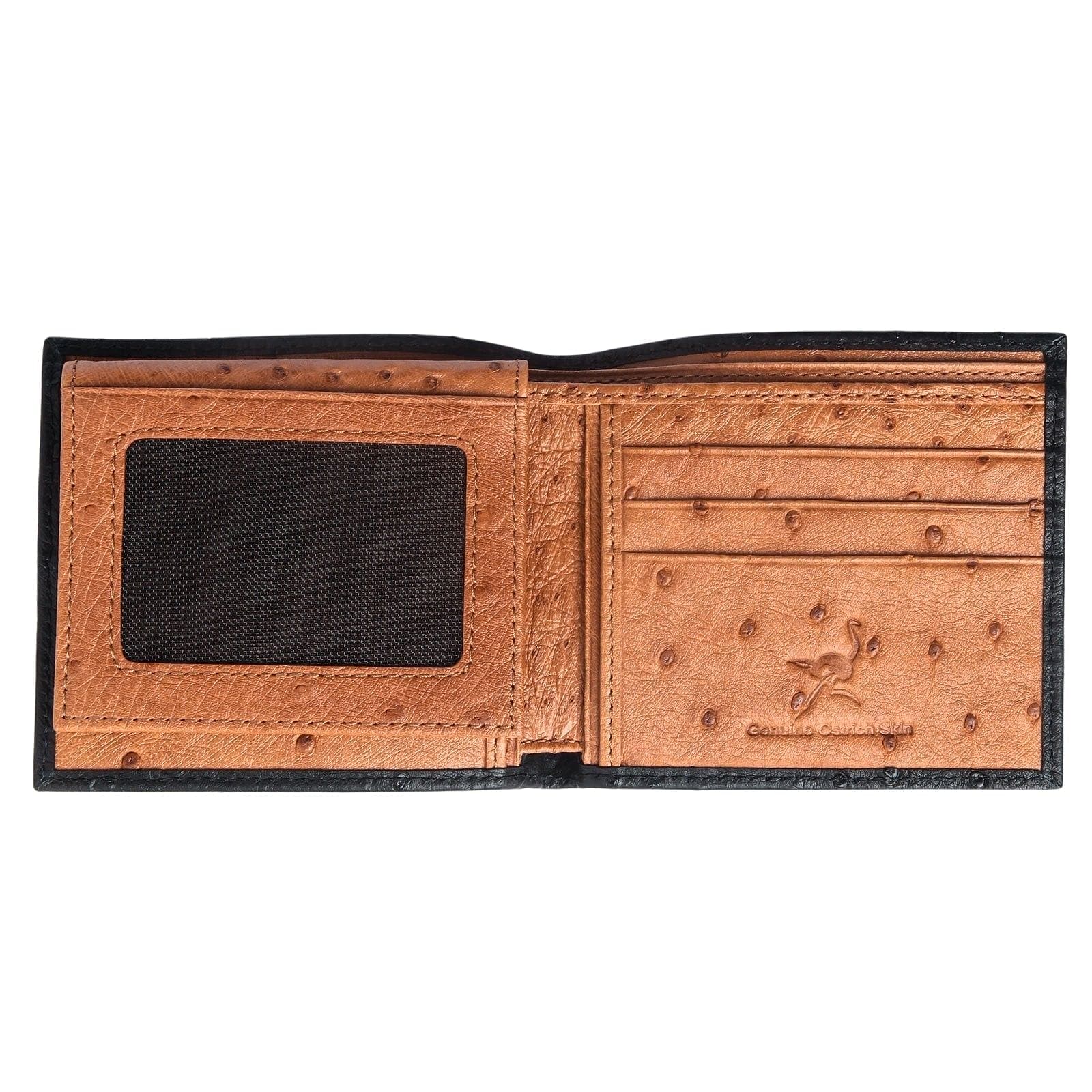 Genuine Ostrich Leather Wallet for Men - Premium Black & Brown Exotic Skin - Perfect for Everyday Carry, Travel & Business (Gift Ready)