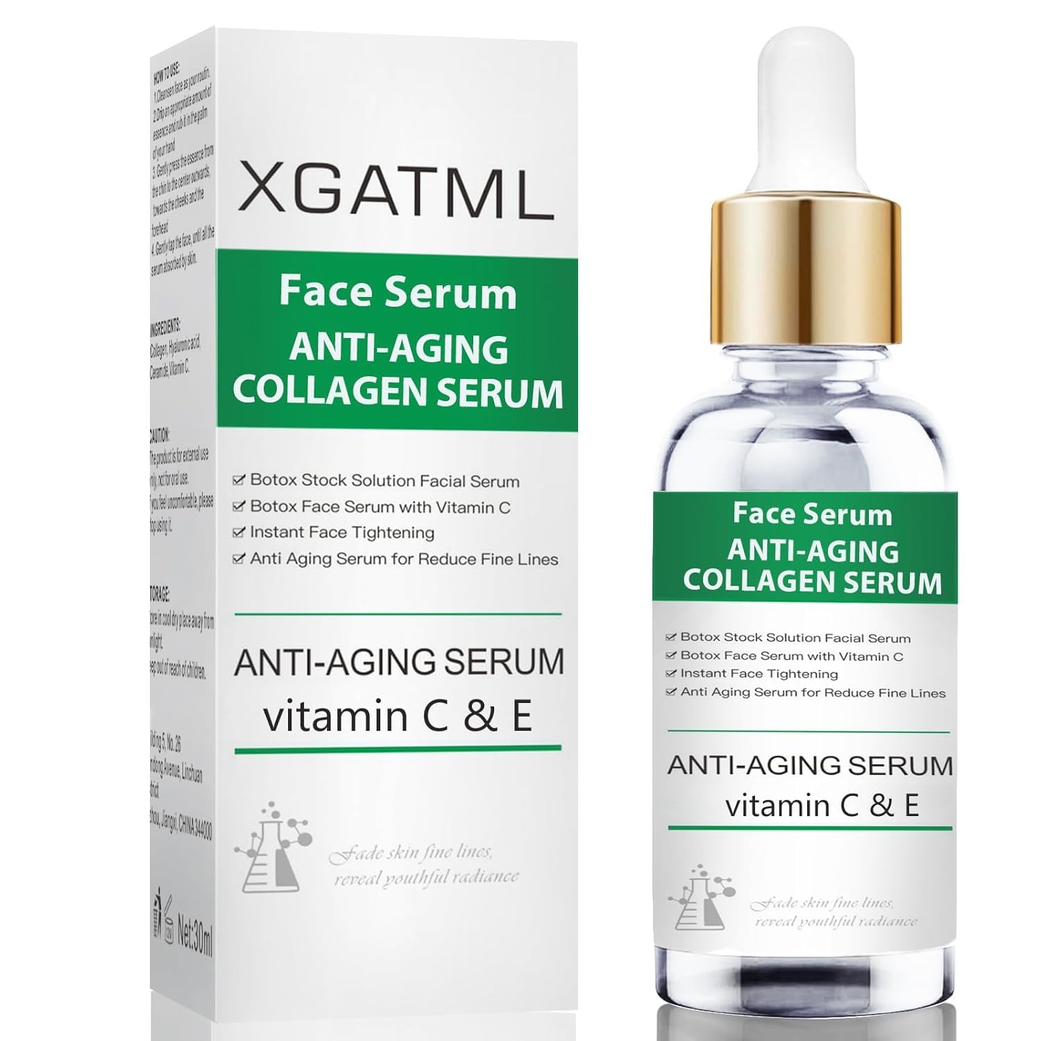 XGATML Vitamin C & E Face Serum - Anti-Aging Facial Treatment for Wrinkles, Skin Tightening & Collagen Boost | Plumping Serum for Youthful Glow | Day & Night Skincare Routine