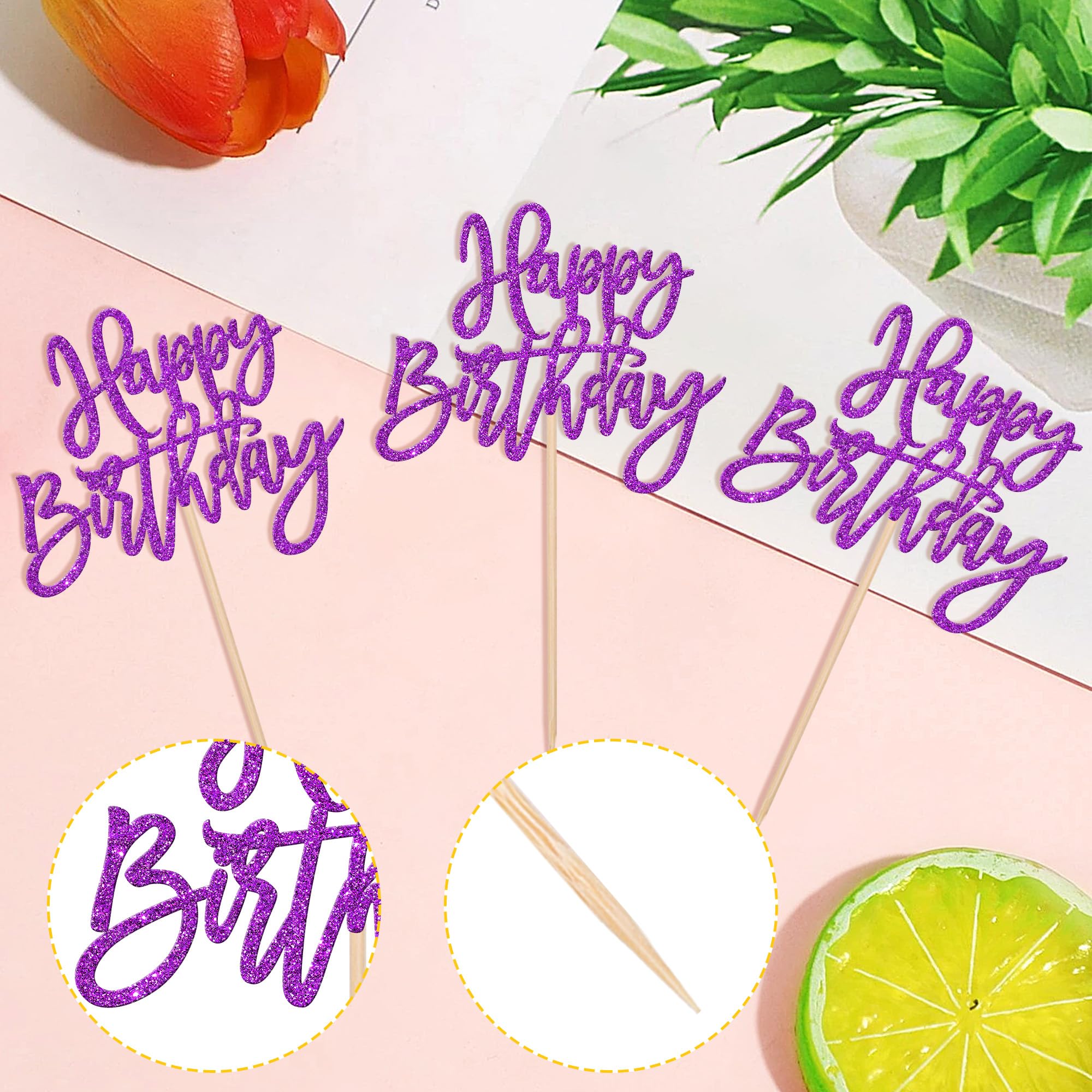 24 PCS Purple Glitter Happy Birthday Cupcake Toppers - Cake Decorations for Birthday & Anniversary Party Supplies - Perfect for DIY Cupcakes, Baby Showers & Wedding Celebrations