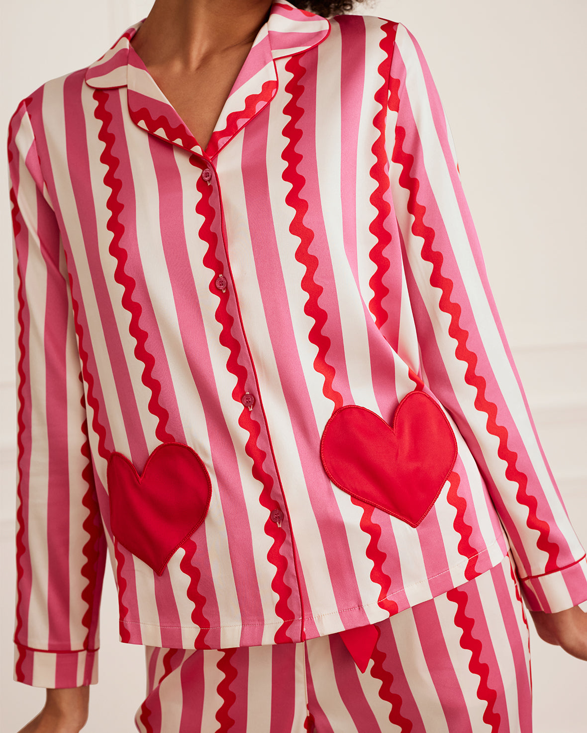 Satin Heart Pocket Striped Long Pajama Set for Women - Soft & Comfortable Sleepwear for Nighttime & Lounging - Valentine's Day Gift Idea