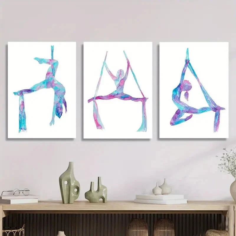 3-Piece Aerial Lady Silk Art Yoga Silhouette Metal Prints - Ready to Hang Wall Decor for Living Room, Bedroom & Yoga Studio