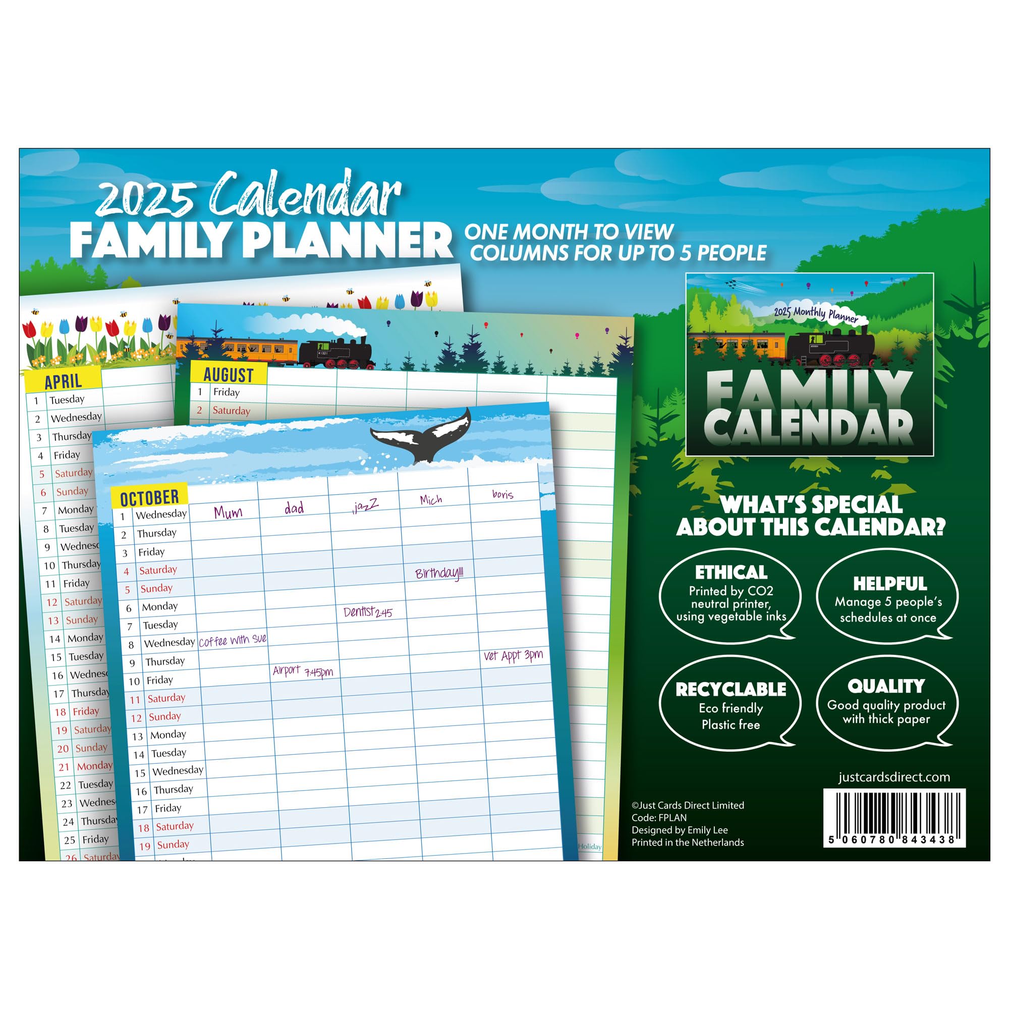 2025 Family Calendar - 5-Column Monthly Planner | Eco-Friendly CO2 Neutral Printing with Vegetable Ink | Fully Recyclable | Perfect for Home Organization & Family Scheduling