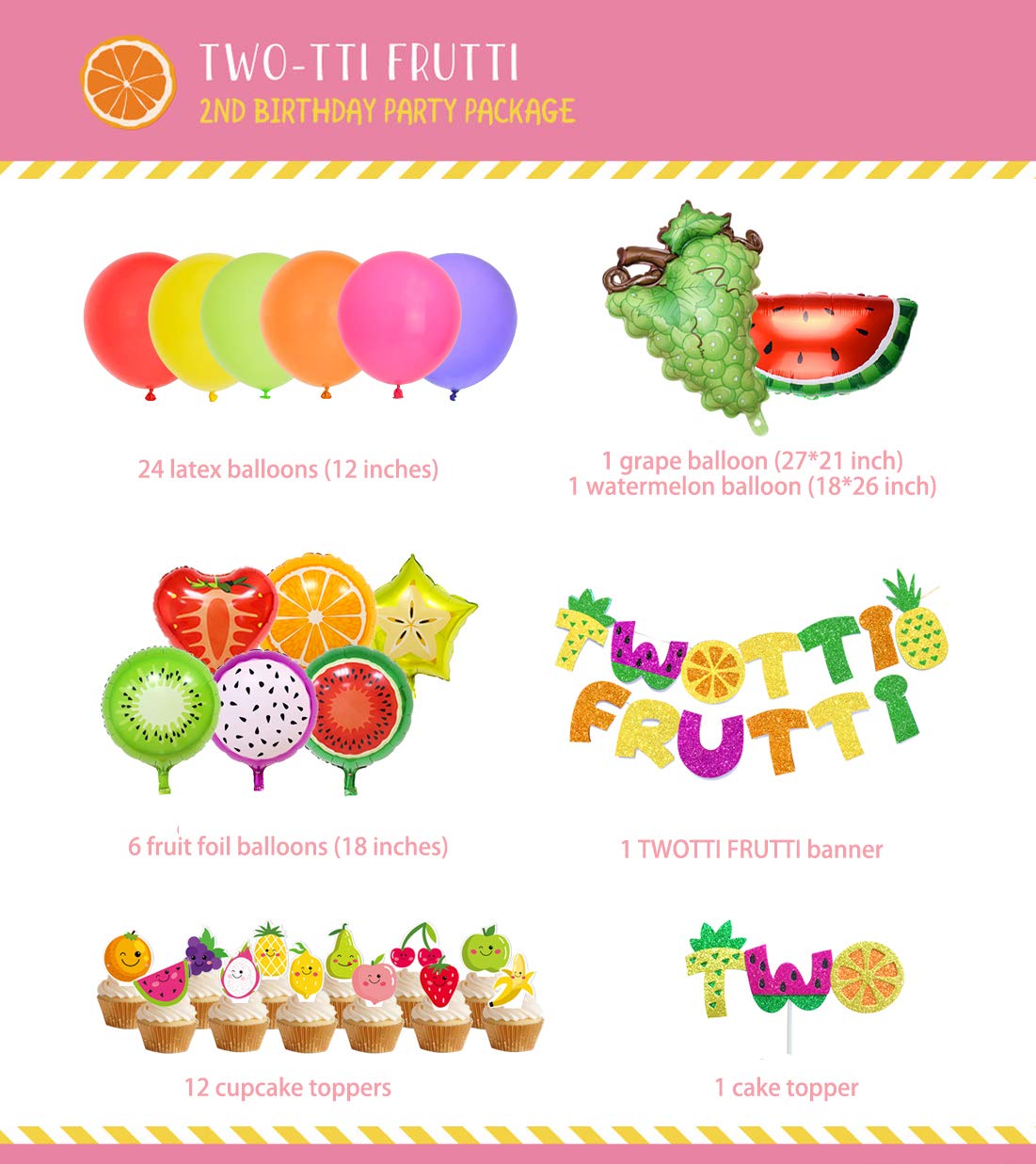Tutti Frutti Birthday Decorations Set - 2nd Birthday Banner, Cake Topper & Fruit Balloons for Girls Boys Party Supplies | Perfect for Tropical Themed Birthday Parties, Baby Showers & Summer Celebrations
