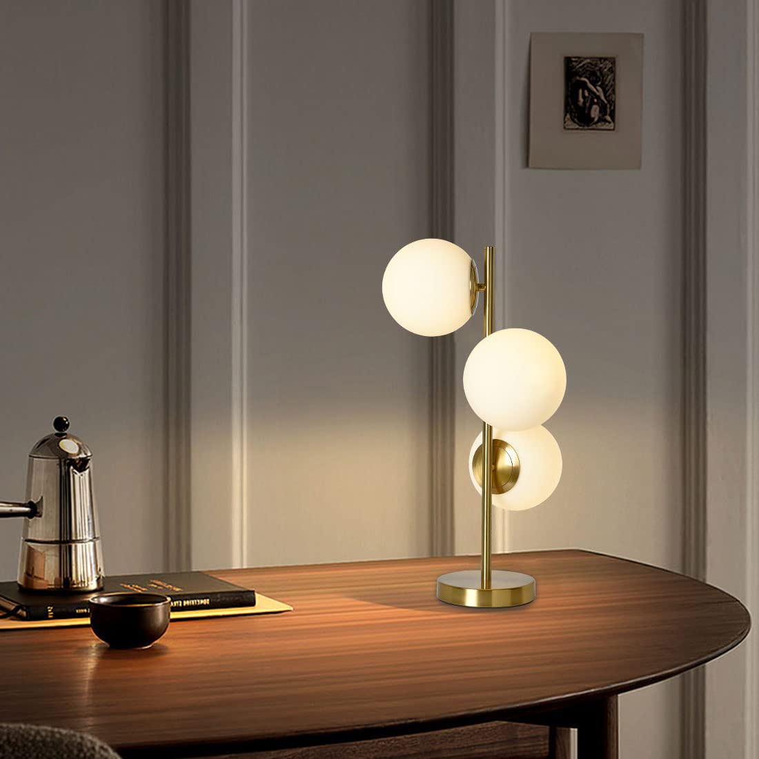 Modern 3-Light Gold Glass Desk Lamp with White Frosted Globe Shade - Plug in Reading Lamp for Bedroom, Living Room, Nightstand & Study - Perfect for Cozy Reading Nooks, Home Office Lighting and Bedside Ambience (3-Light)