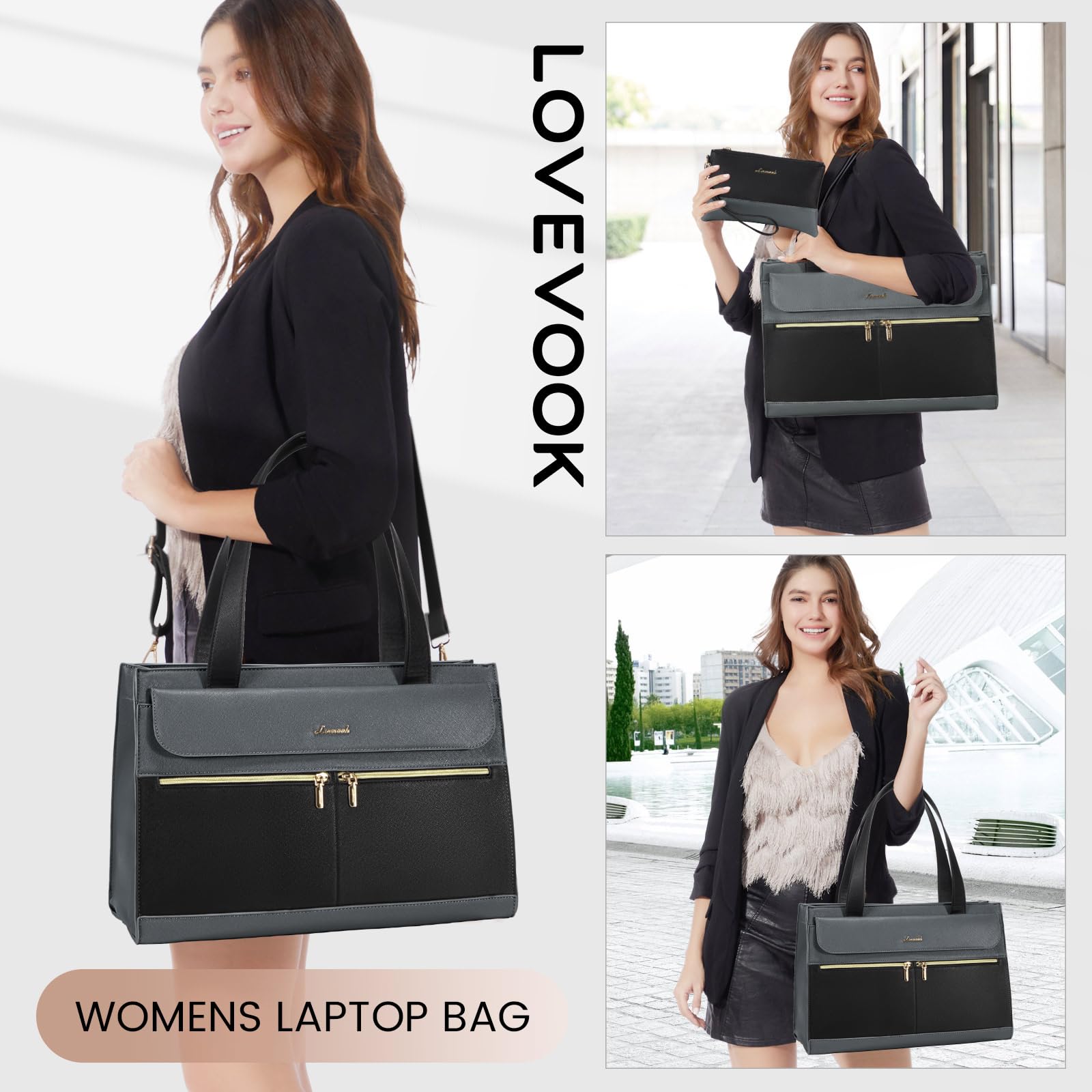 LOVEVOOK 15.6 Inch Leather Laptop Tote Bag for Women - Waterproof Professional Computer Briefcase with Large Capacity - Business Office Shoulder Bag for Work, Travel & School - Crossbody Purse for Teachers & Professionals