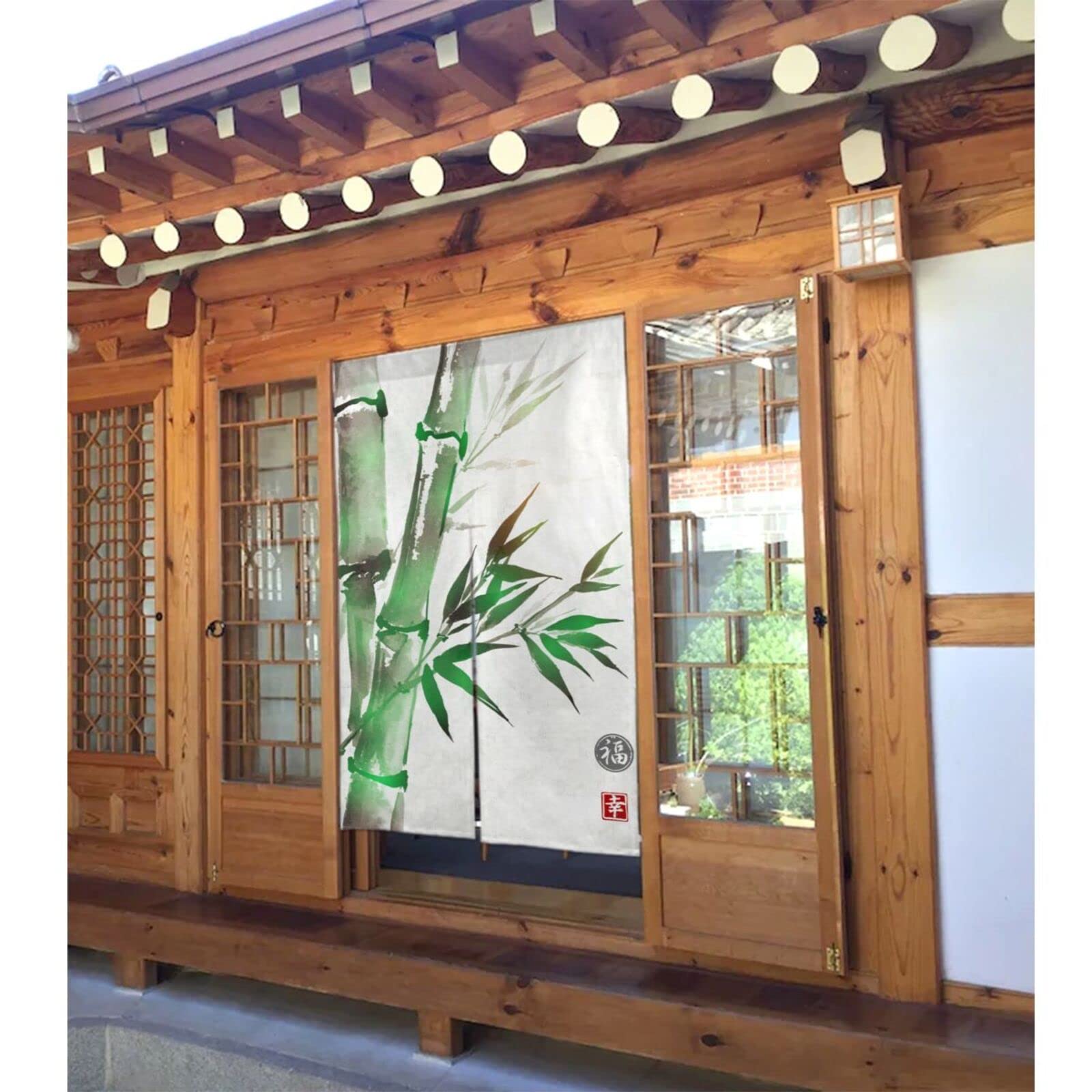 Japanese Noren Curtain - Traditional Green Bamboo Doorway Divider for Restaurants & Home Decor - Handmade Cotton Tapestry - Perfect for Entryways, Kitchens & Room Partitions