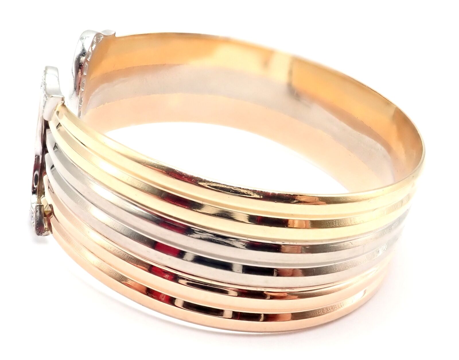 Authentic Cartier 18k Tri-Color Gold Diamond Double C Wide Cuff Bangle Bracelet - Luxury Jewelry for Women, Perfect for Weddings, Parties & Special Occasions