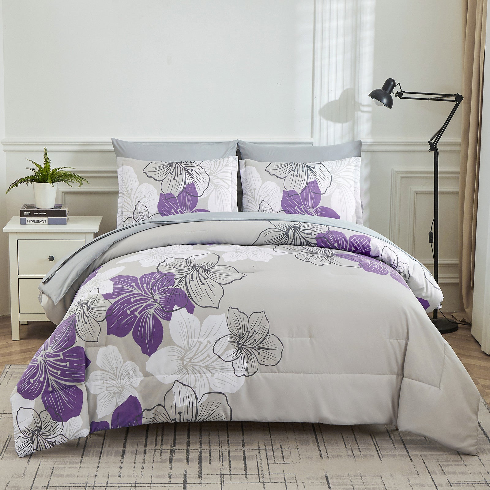 Floral Comforter Set King Size - 3 Piece Purple Floral Bedding Set, Lightweight Microfiber Comforter for Bedroom, Guest Room & Dorm Decor