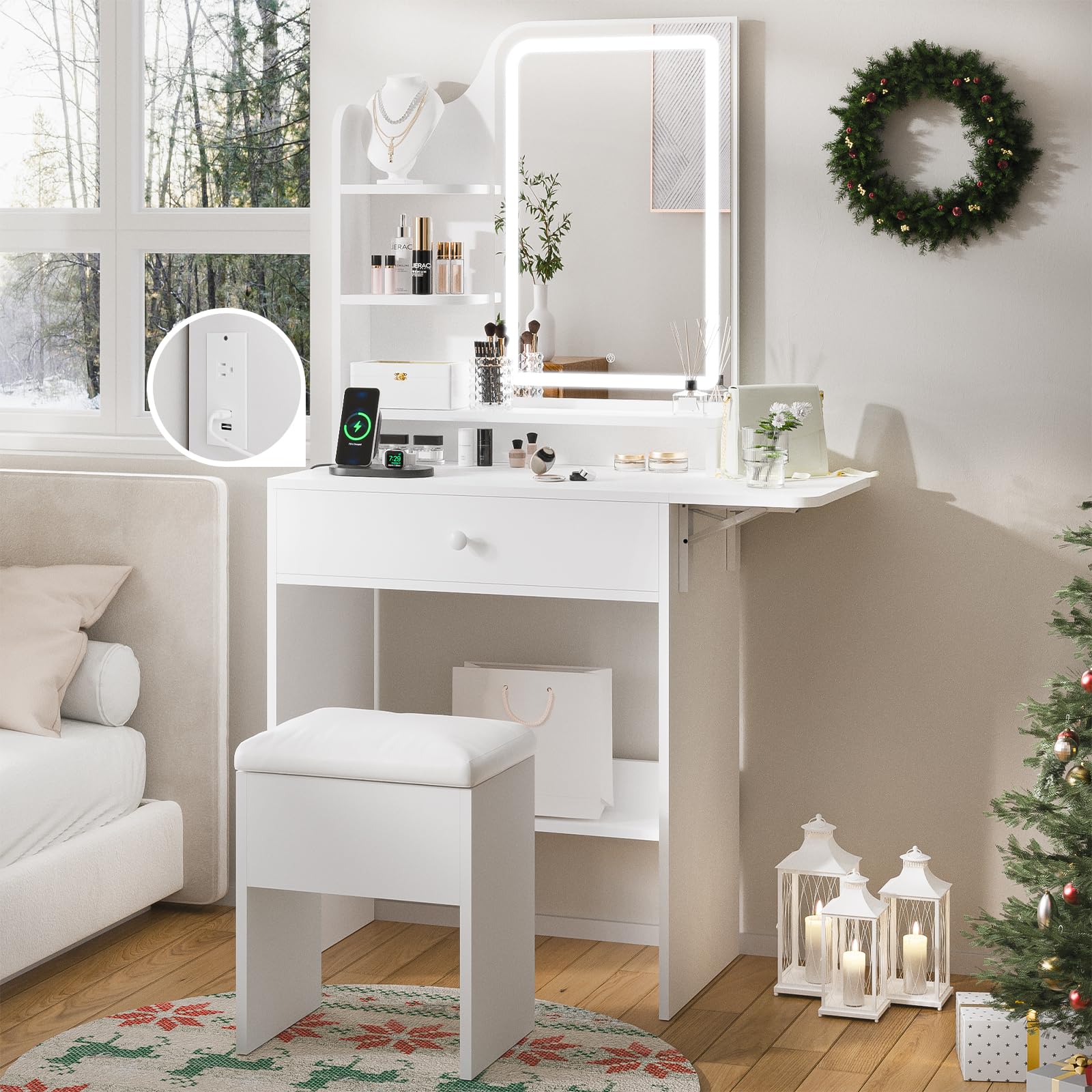 Haewon White Small Vanity Desk Set with Mirror & LED Lights - Compact Makeup Table with Charging Station, Storage & Chair - Perfect for Small Bedrooms, Dorm Rooms & Apartment Beauty Stations