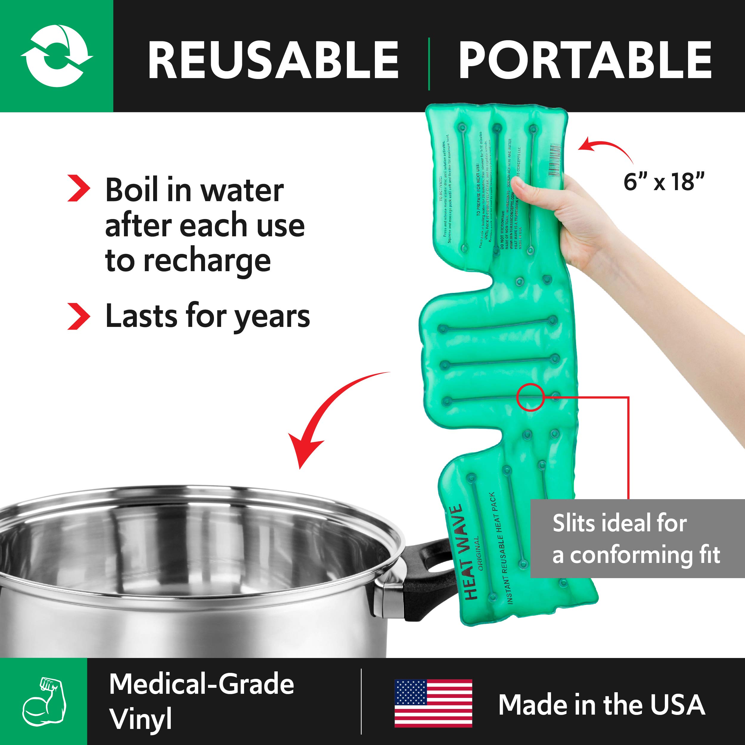 HEAT WAVE Instant Reusable Heat Packs (6 x 18”) - Back, Shoulder & Neck Pain Relief - Made in USA - Reusable Hot Therapy Pack for Muscle Aches & Joint Pain - Perfect for Work, Yoga & Cold Weather Comfort
