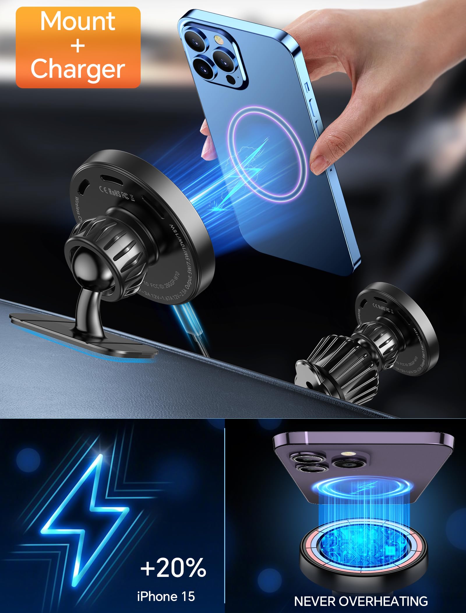 Magnetic Wireless Car Charger Mount for iPhone 16 Pro Max/15/14/13/12 - Strong MagSafe Holder with Dashboard & Vent Mount - Fast Charging Phone Stand for Driving, Commuting & Road Trips